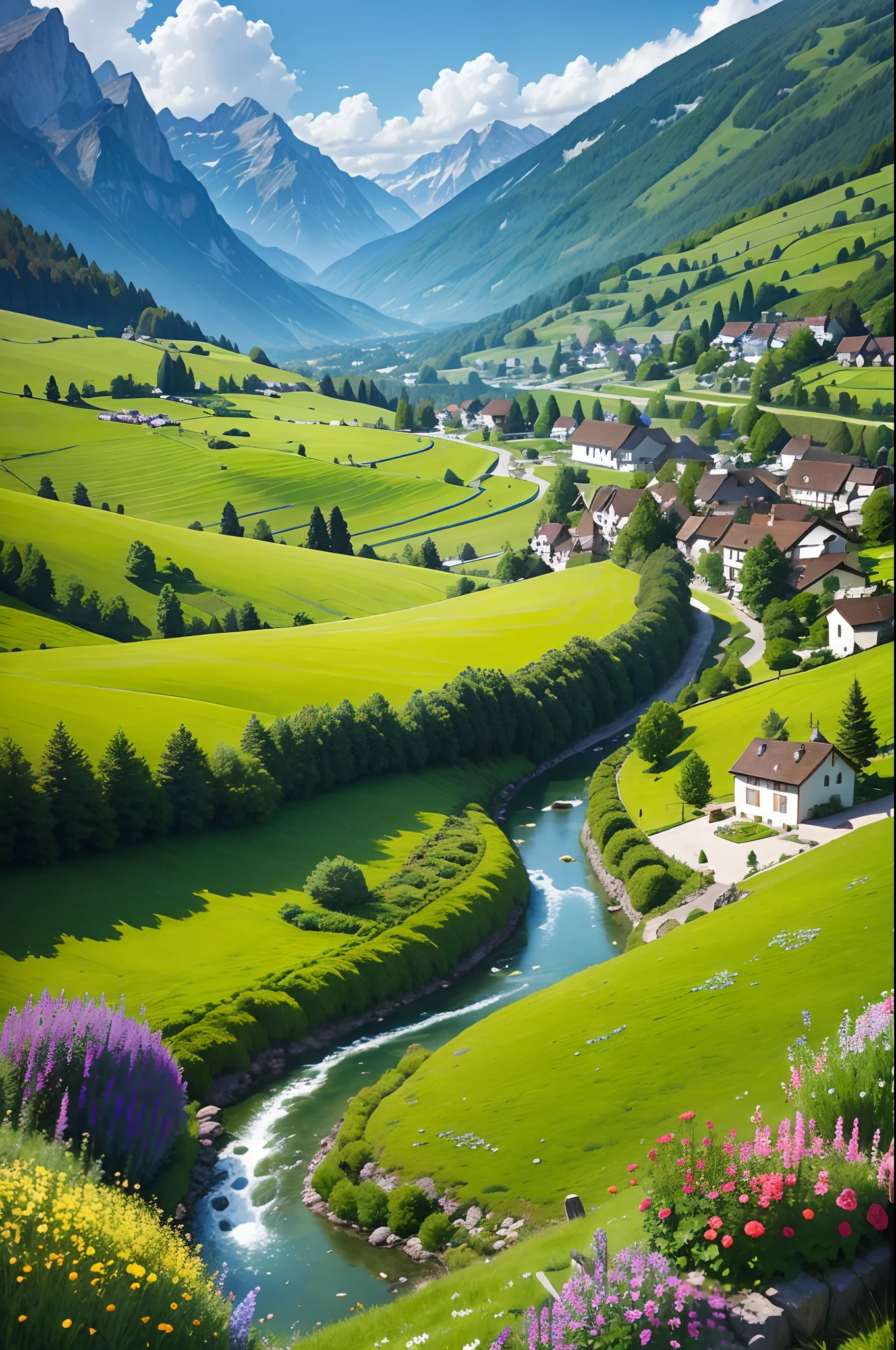 Peaceful and idyllic countryside, Rolling green hills dotted with grazing sheep, Charming villa，Set amidst vibrant flowers, Clear blue sky overhead, Evokes a sense of peace and simplicity, Valle encantador, switzerland, patches of green fields, lush countryside, Valle exuberante,An idyllic village in Milan,，verdant green fields，above a village，Rolling terraces，Colorful garden of flowers and plants，Alpine scenery in the Swiss countryside under the Alps，Carl Sessel Bern，Majestic nature, Swiss architecture, lindo cenario, rios，waterfallr