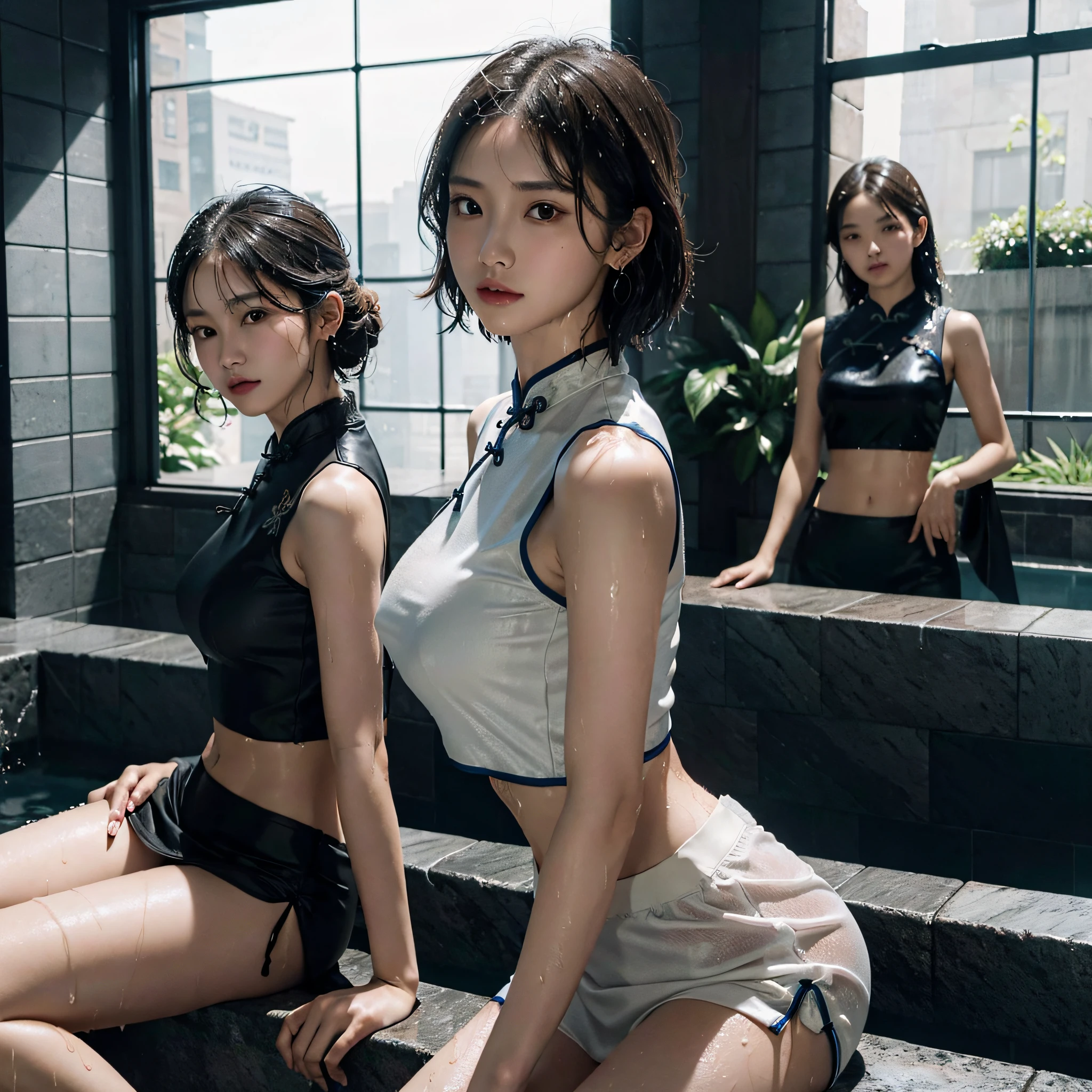 absurdres, RAW photo, extremely delicate and beautiful, masterpiece, Best Quality, ultra high resolution, 16k, hyperrealistic, ultra-detailed, Very detailed CG 8k wallpaper, Beautiful Lighting, Perfect Lightning, Realistic Shadows, perfect anatomy, super Detailed skin, perfect figure, Japanese woman, late 20s, very Slim body, narrow waist, very small head, handsome detailed woman, very detailed eyes and face, realistic face proportions, Stunning detailed eyes, Realistic beautiful face, very small face, Realistic small beautiful eyes, double eyelids, tearful mole, mole on chest, earring, beautiful and very thin legs, beautiful and very thin thighs, (((very huge round breasts))), (full body shot), (short hair), (wavy hair), (((cheongsam))), (((midriff peek))), (((sleeveless))), (((((3 girls))))), (bare arms), (bare legs), (at public bath), (((wet))), (crowd),