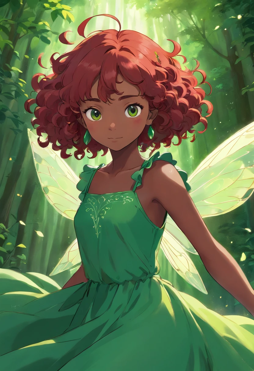 fairy with dark skin red curly hair and green dress