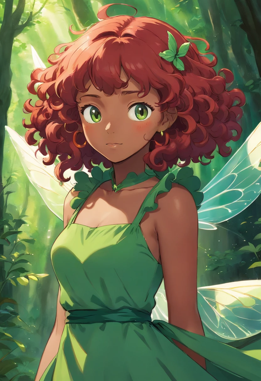 fairy with dark skin red curly hair and green dress