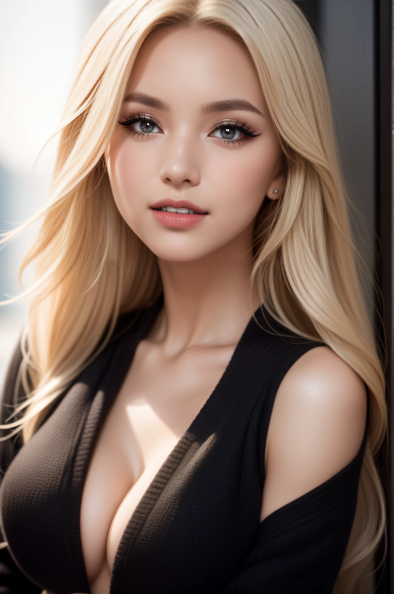 8k Ultra HD, image 9:17, 8k, masterpiece, RAW photo, best quality, detail: 1.6), 3D, rich colors, photorealistic, incredibly detailed CG Unity 8k wallpaper, depth of field, cinema light, lens flare, ray tracing, [[[sharp focus: 1.2]]], (extremely beautiful face, beautiful lips, beautiful big eyes), clean eyes, (oli face: 1.3), (big smile), beautiful nod_woman, a woman with long blonde hair and a black sweater, perfect nod_body, perfect nod_face, ((dark makeup, red lipstick, eyeliner, cheveux noirs moelleux, Hair illumination, voluminous lighting, expressive eyes)), ((face with intricate details)), ((very detailed skin)), (close up face), upper body shot)