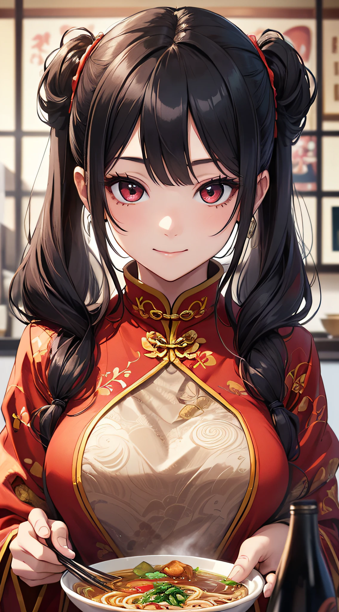 top-quality、Top image quality、masterpiece、girl with((18year old、Red cheongsam、Best Bust、Bust 90、Twintails with black hair、Red Eyes、open chest wide、Valley、Happiness、A slender、ssmile,fighting poses、Offering tea))hiquality、Beautiful Art、Background with((Beautiful ramen shop))、masutepiece、Elaborate design、visualart、