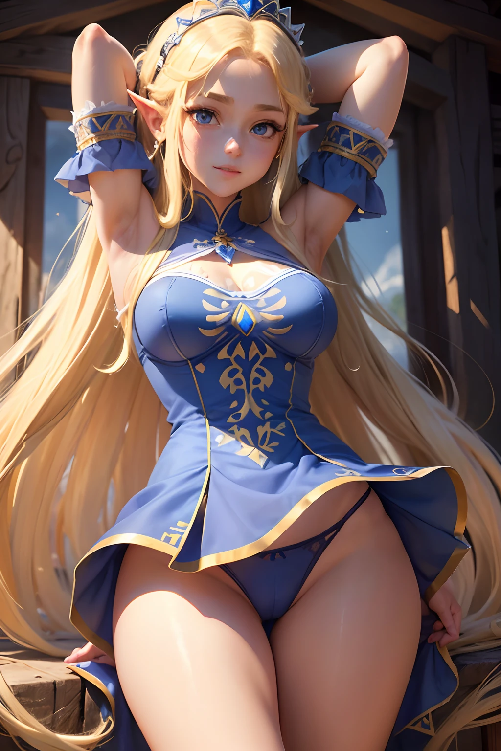 Obra maestra, best quality,Zelda (princess) blond_long_hair, 1girl, , dark_light_skin, blue_eyes, (adult_girl), armpit, short_panties, big_legs, no_bra, blue_shorts_dress,big_hips, ribbon_hair, open_legs, half_smile.