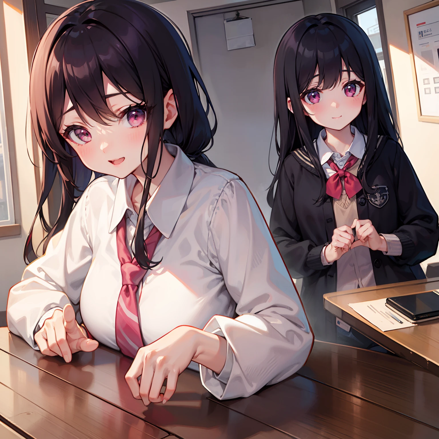 The black haired boy is wearing school clothes again with the black haired girl wearing school clothes Battery Sitting together in class