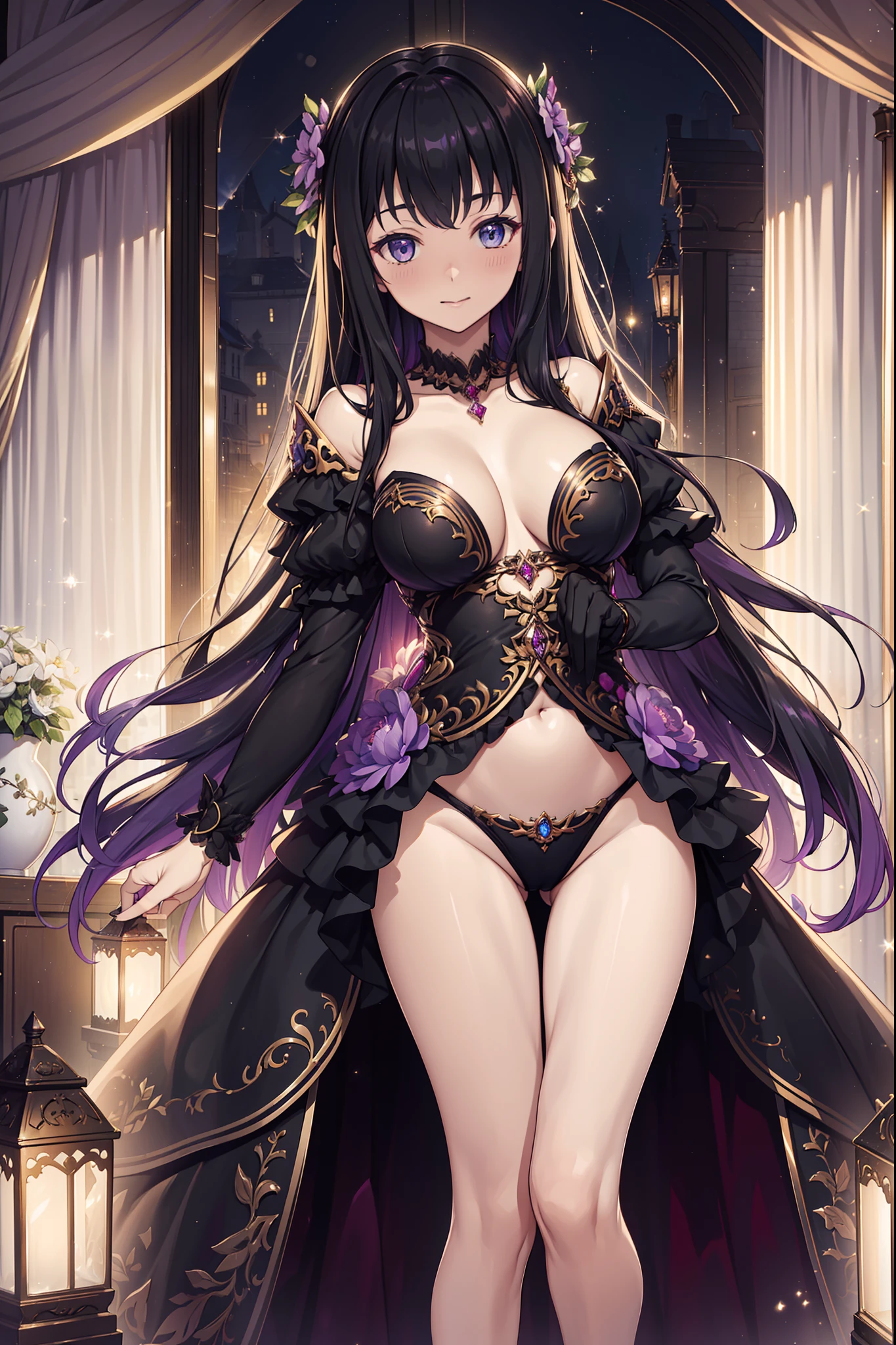 (Best quality,4K,8K,A high resolution,Masterpiece:1.2),Virgin,Enchanted，having fun，Being in love，Princess dress，Dark black swimsuit，Light purple cloth，Transparent fabric，exquisite costumes，Bedrooms，Dimly lit scene，the night，solo person，blond hairbl，eBlue eyes，Seductive standing