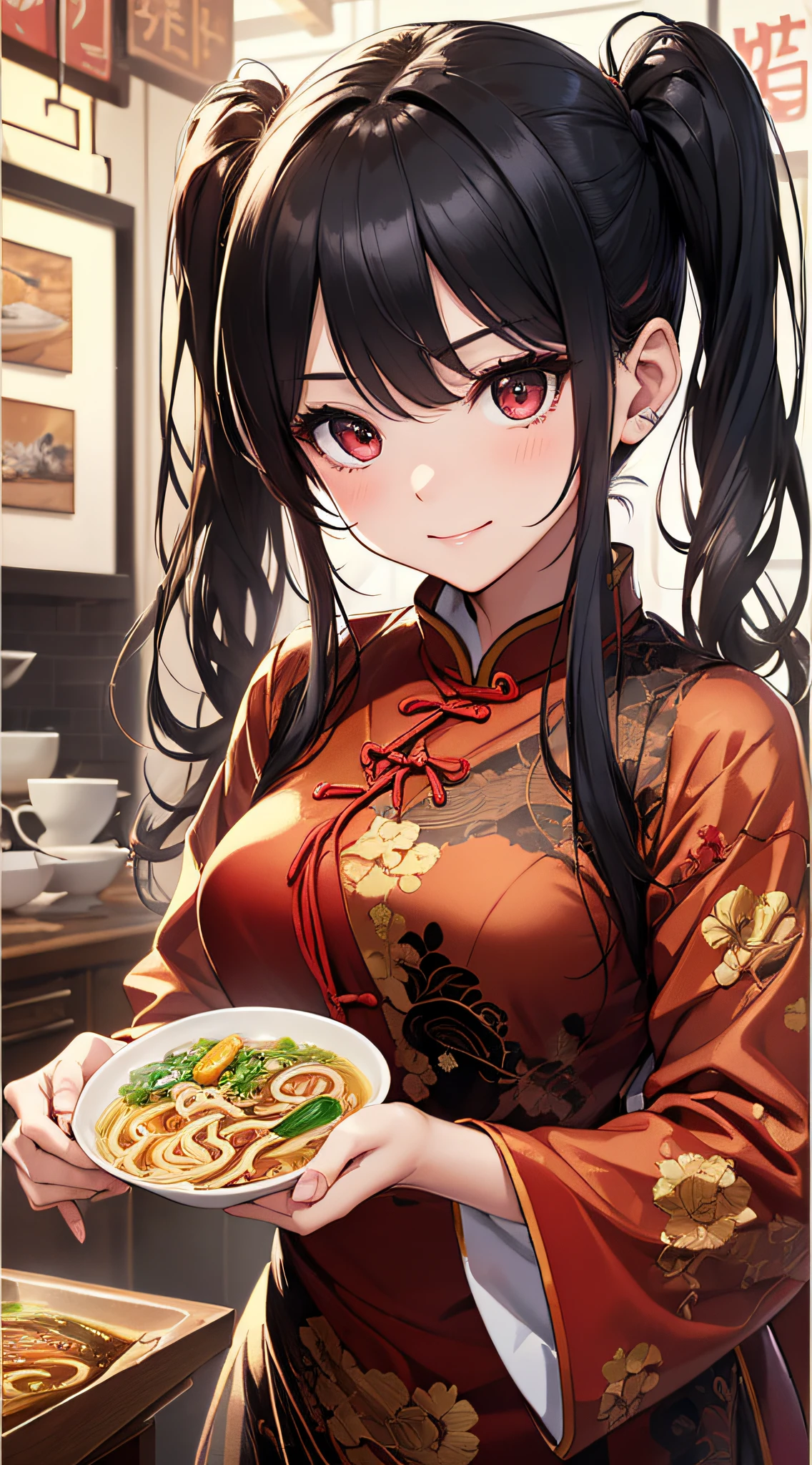 top-quality、Top image quality、masterpiece、girl with((18year old、Red cheongsam、Best Bust、Bust 90、Twintails with black hair、Red Eyes、open chest wide、Valley、Happiness、A slender、ssmile,fighting poses、Offering tea))hiquality、Beautiful Art、Background with((Beautiful ramen shop))、masutepiece、Elaborate design、visualart、