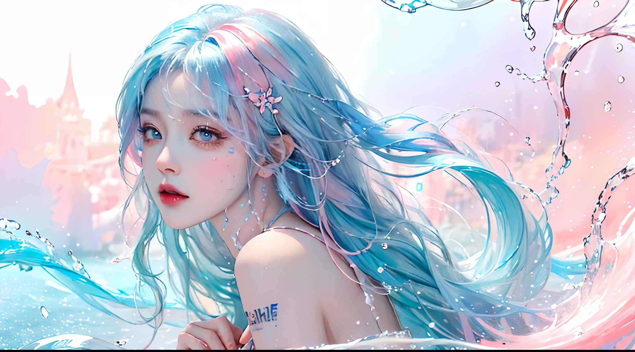 (Masterpiece, Best Quality, High Resolution), White Background, Acrylic Paint, ((Color Splash, Splash of Ink, Color Splash)), Sweet Chinese Girl, Long Light Blue Hair, [Light Blue|Pink] Hair, Curly Hair, Glitter, Peach Lips, White Shirt, Front, Upper Body