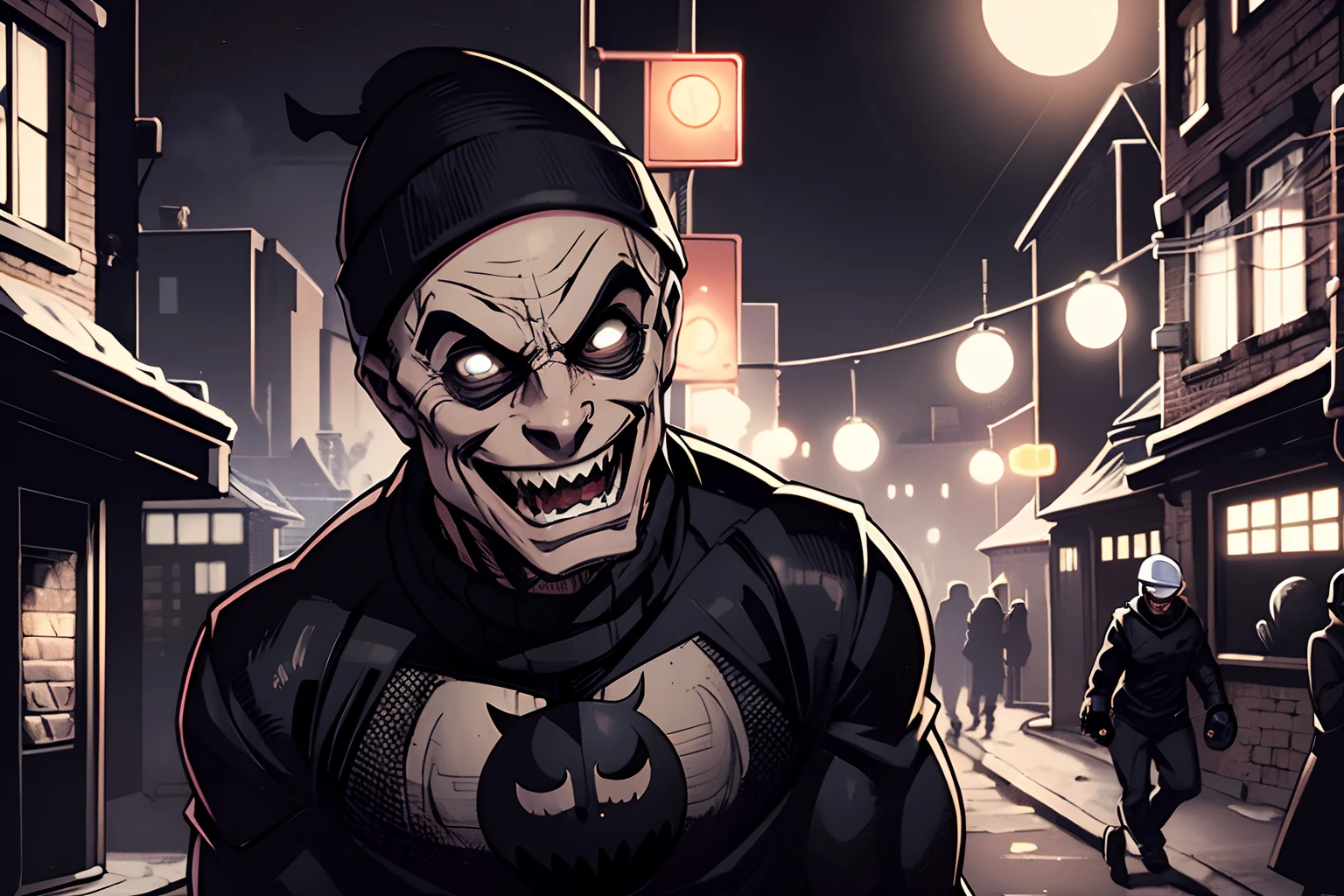 man, robber, wearing a black sweater, black beanie hat, bald, creepy laugh, with another robber, gotham city alley background, night time