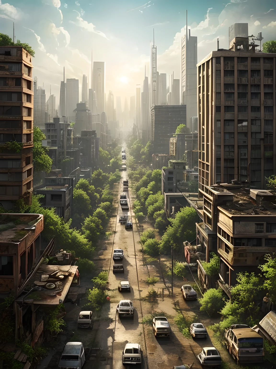 Create a post-apocalyptic cityscape where nature has reclaimed the urban landscape. Ruined skyscrapers stand tall amidst overgrown forests and wildlife. The atmosphere should be both haunting and beautiful, with soft, diffused lighting. Focus on intricate details and realism to capture the juxtaposition of decay and rebirth. Draw inspiration from the art styles of Simon Stålenhag and the desolation of "The Last of Us