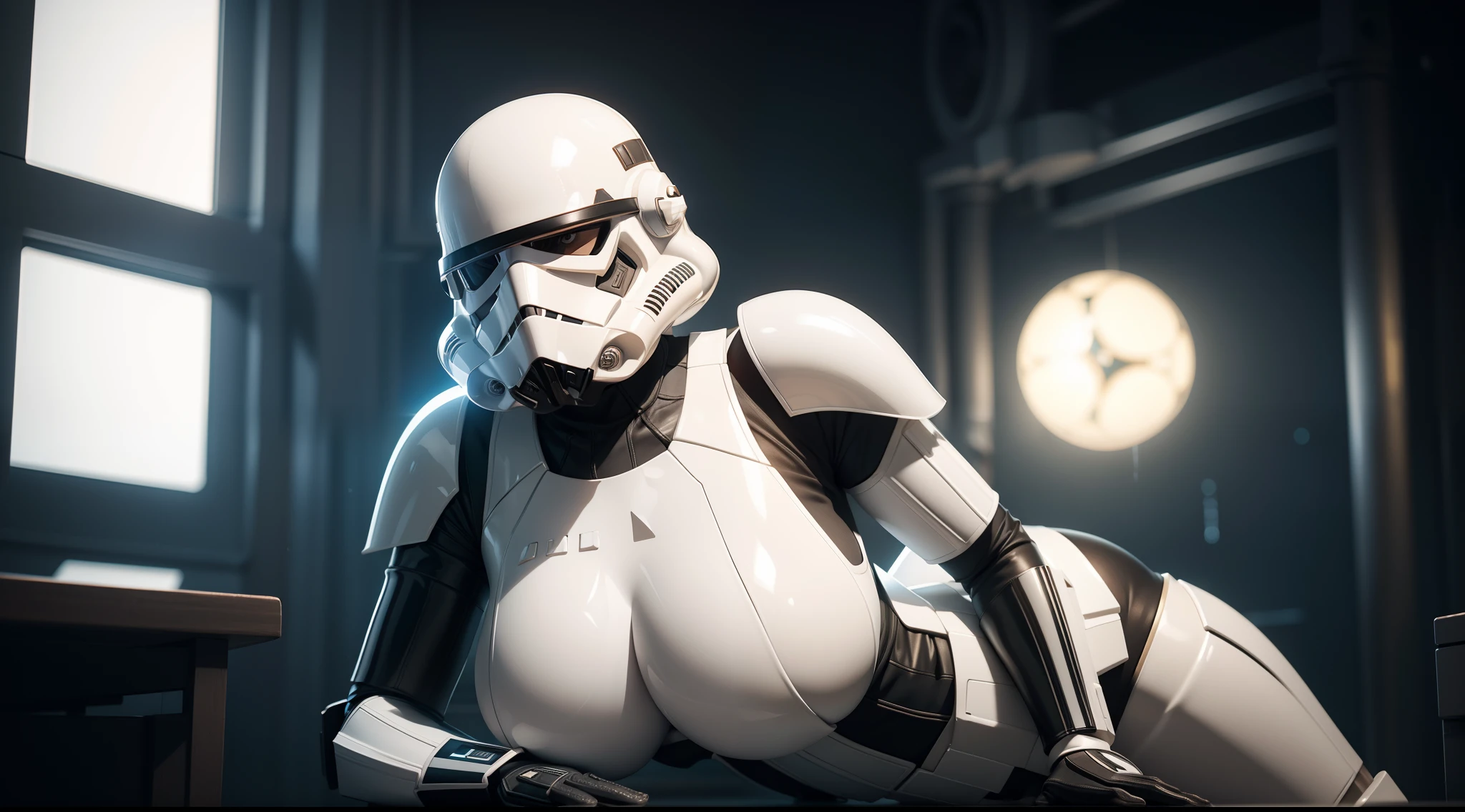 sexy woman (Huge boobs) in a Star Wars stormtrooper costume, CGI with clear focus, Photorealistic, high detail, Realistic, Masterpiece, absurdress, Best Quality, HDR, hiquality, hight resolution, Extremely detailed, 8k wallpaper, intricate details, 8K UHD, Full-HD, (foto realista:1.2), Contrast, sharp lighting, Cinematic lighting, natural lighting, hard light, Backlighting, Global Illumination, Environment Occlusion