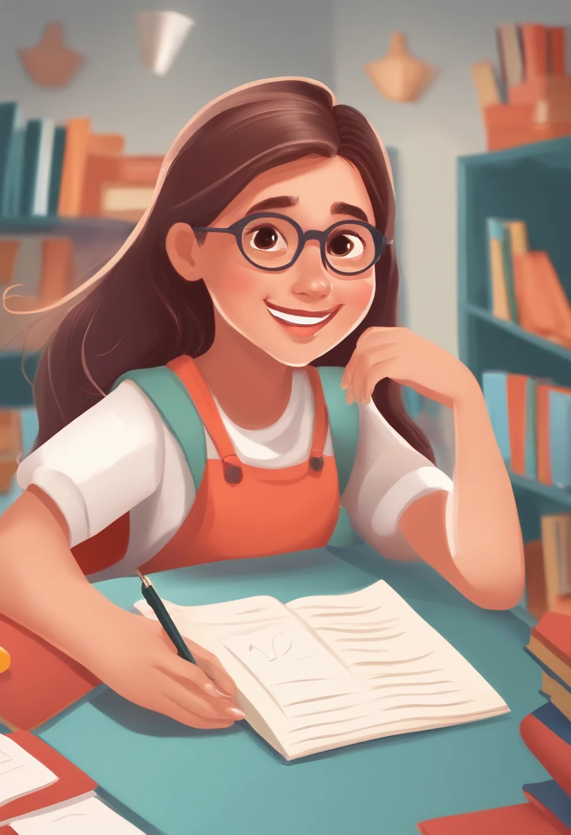 A girl，Laugh happily，Hands up，Exam paper in hand，100 points for the test paper，With colorful children's book illustrations, exciting illustration，animation illustrative style, illustration!,Close-up