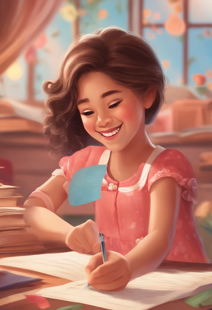 A girl,Laugh happily,Hands up,Exam paper in hand,100 points for the test paper,With colorful children's book illustrations, exciting illustration,animation illustrative style, illustration!,Close-up