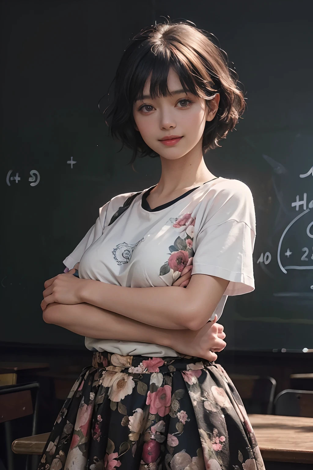 (Black Shorthair:1.5), (a 20 yo woman), (T-shirt design), (Floral clothing), (Breast bulge),((Being in a physics classroom)), (A hyper-realistic), (Relaxed), (Increased resolution), (8KUHD), (Extremely detailed), (Best Illustration), (Beautiful and detailed eyes), (Best Quality), (ultra-detailliert), (masutepiece ), ( Wallpaper), (Detailed face), Fine details, Deep Shadows, lowkey, Smiling, (There is a photo of Einstein), (There are a lot of photos of physicists), (Solving the chalkboard formula), Standing in front of the blackboard