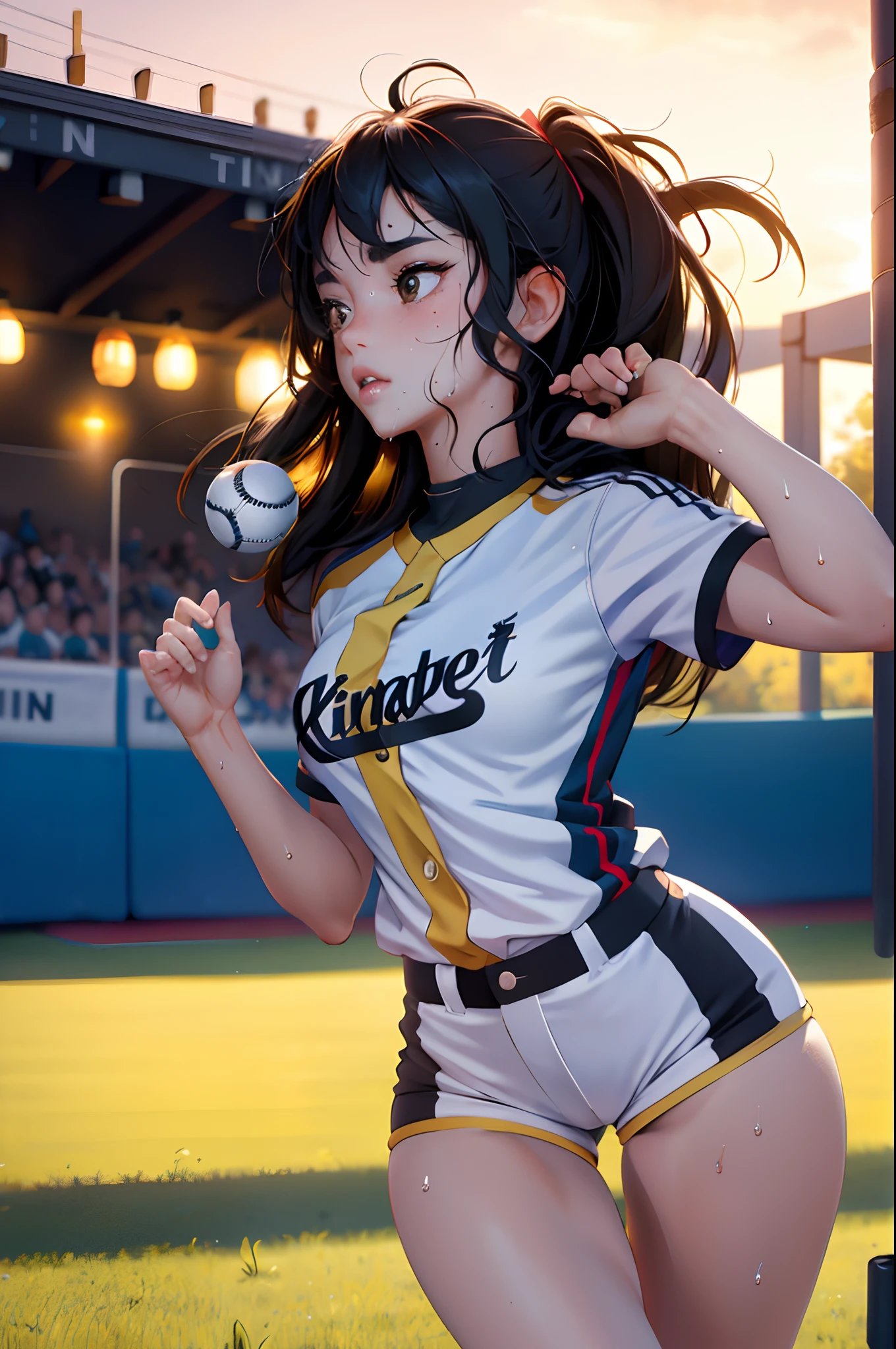 (Best Quality,8K,hight resolution,masuter piece:1.2),Ultra-detailed,Realistic:1.37,Portrait,Dynamic Angle,Women's Softball Players, girl,small head,Cute,Sporty,Charming face,Detailed beauty face,Very realistic skin,Wet skin,Sweat,Large breasts,Narrow waist,nice legs ,Sporty,Softball Venues,Cinematic lighting,