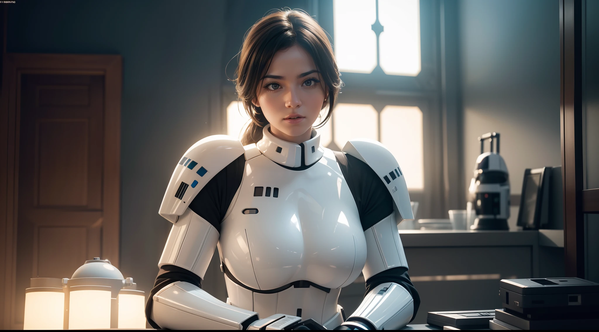 sexy woman (tetas grandes) in a Star Wars stormtrooper costume, CGI with clear focus, Photorealistic, high detail, Realistic, Masterpiece, absurdress, Best Quality, HDR, hiquality, hight resolution, Extremely detailed, 8k wallpaper, intricate details, 8K UHD, Full-HD, (foto realista:1.2), Contrast, sharp lighting, Cinematic lighting, natural lighting, hard light, Backlighting, Global Illumination, Environment Occlusion