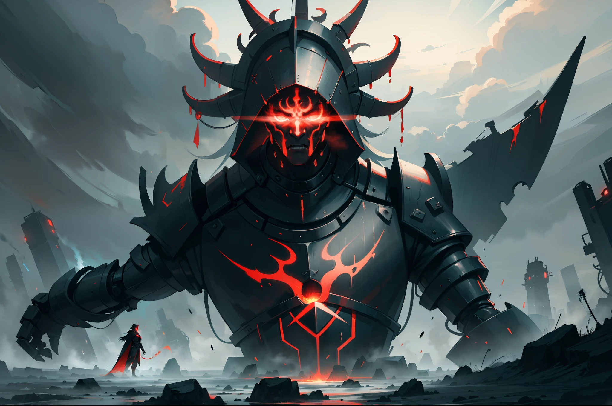 (Beautiful wallpapers) ,(evil theme),Girl with long white hair,red pupils,(Black cloak and armor cover the whole body),Dominate the disaster,(Handsome),Flat chest,Red Storm,(A world shrouded in darkness),Random background,The decline of the world,(Mechanical Colossus)