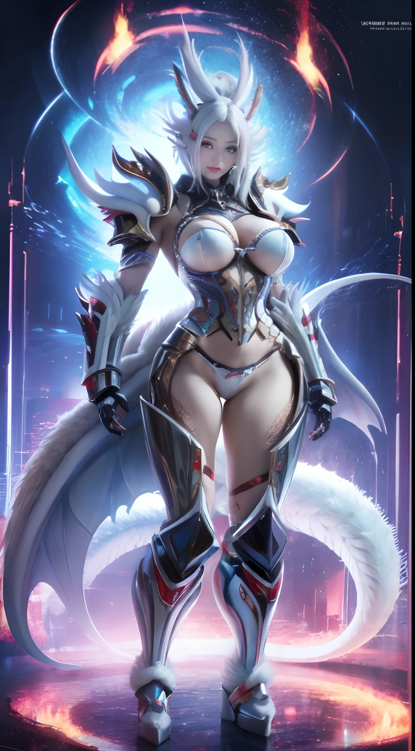 FUTURISTIC CHINESE WHITE DRAGON WOMAN, MECHANICAL ARMOR, MUSCLE BODY