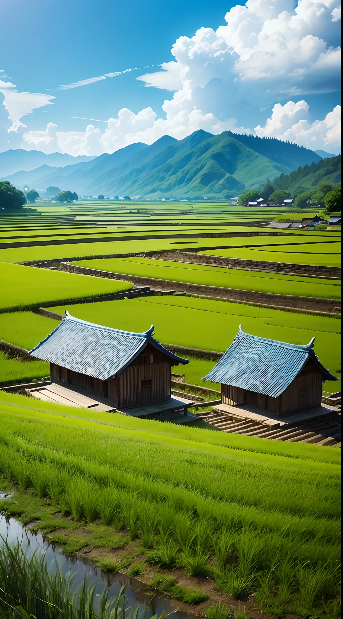 Blue sky and white clouds rice paddy village