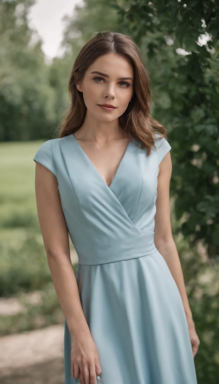 beautiful woman very stress standing dress professional outfit in a park environment , couleur dominante ,bleue , blanc ,et vert dominant