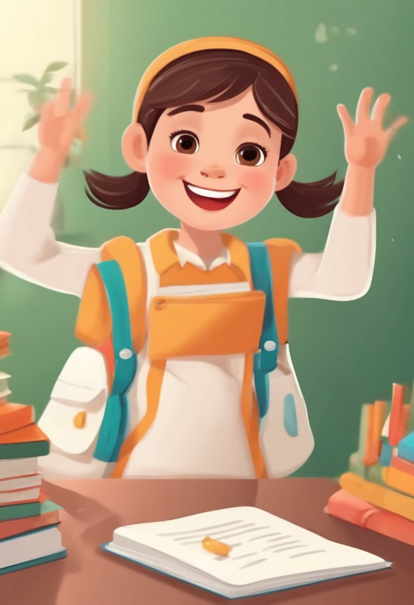 A girl,Laugh and jump up,Hands up,Exam paper in hand,100 points for the test paper,With colorful children's book illustrations, exciting illustration,animation illustrative style, illustration!,Close-up