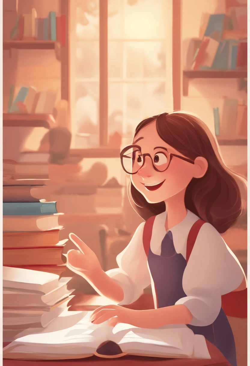 A girl,Laugh and jump up,Hands up,Exam paper in hand,100 points for the test paper,With colorful children's book illustrations, exciting illustration,animation illustrative style, illustration!,Close-up