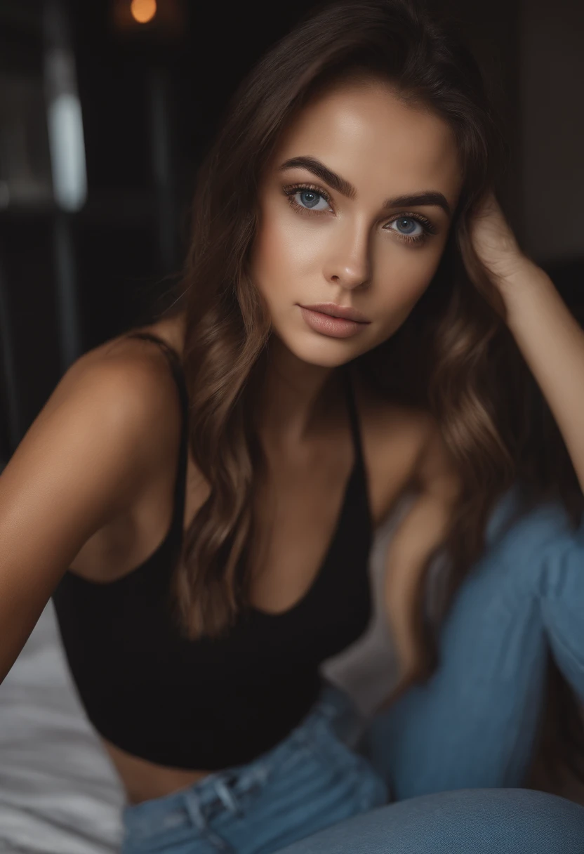 arafed woman with matching tank top and panties, sexy girl with blue eyes, portrait sophie mudd, brown hair and large eyes, selfie of a young woman, bedroom eyes, violet myers, without makeup, natural makeup, looking directly at the camera, face with artgram, subtle makeup, stunning full body shot, cleavage, in club