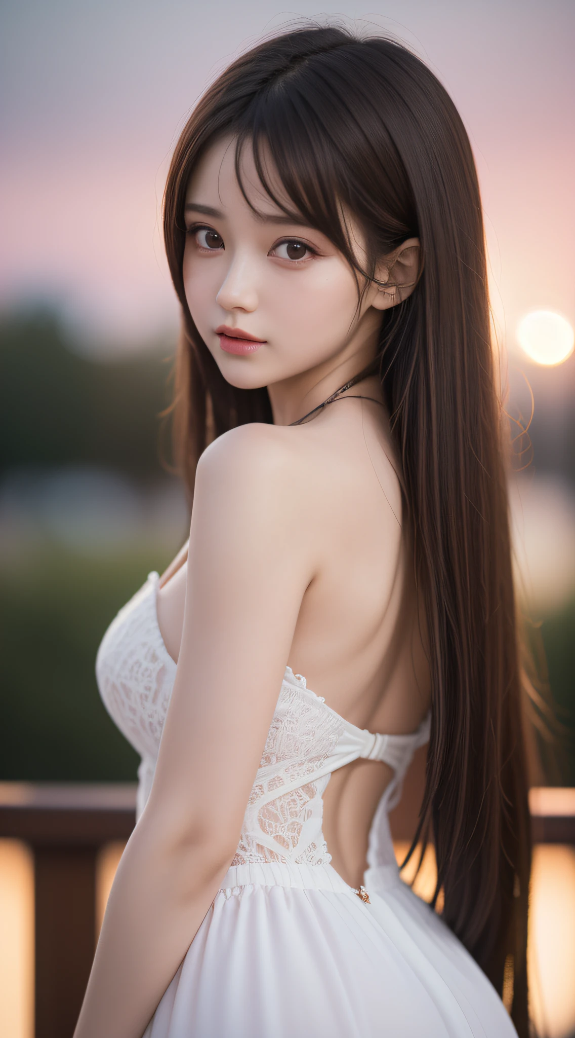 (best quality), (ultra-detailed), (llustration), (detailed light), (an extremely delicate and beautiful), ung girl, brown hair, brown eyes, model, bare shoulders, best quality, extremely detailed CG unified 8k wallpaper, High-definition raw color photos, professional photograpy, (((Bokeh))), depth of fields, twilight, sunset,