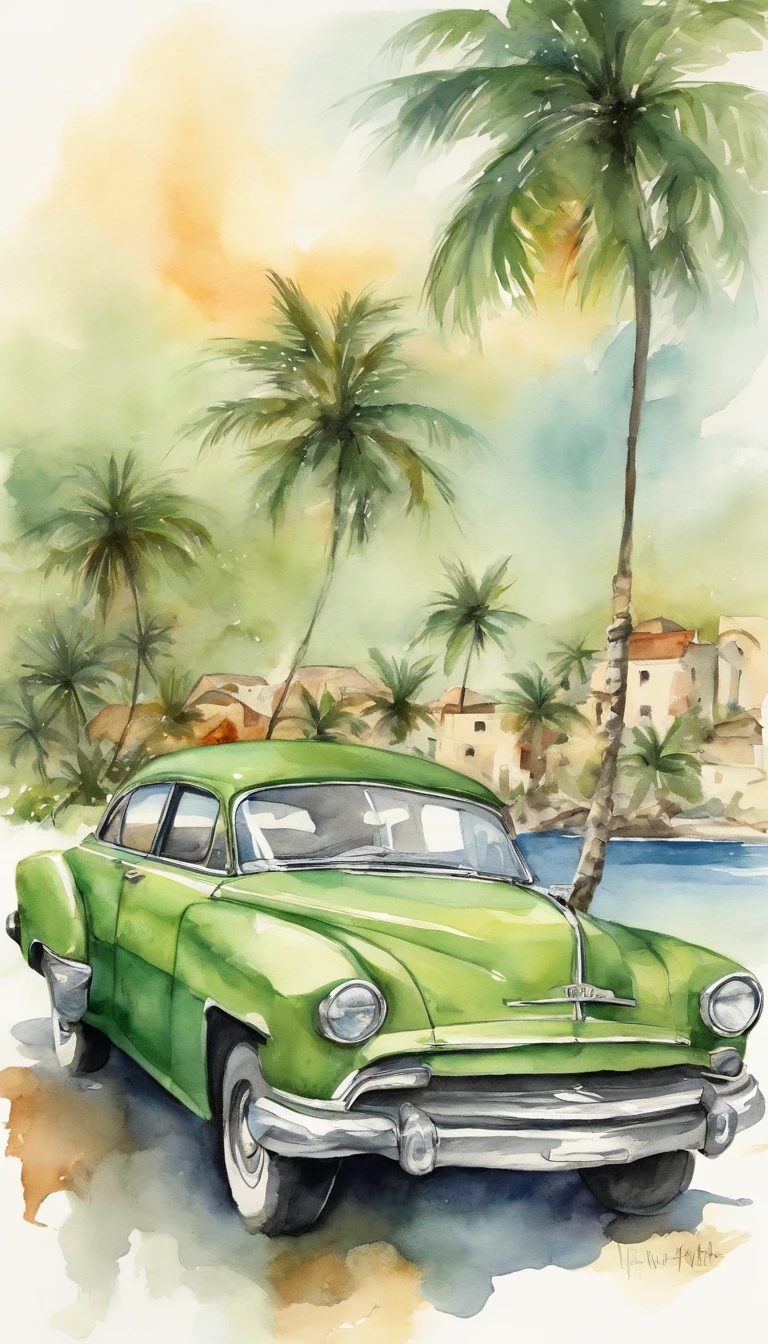 Print old posters, adobe ilustrator, Light green car vector, Beauty in kimono on the edge of a beach in the Caribbean Sea, With palm trees, Old buildings in Havana, ::n_low-quality, human - shaped, Anime, imperfection, Texto, signed.