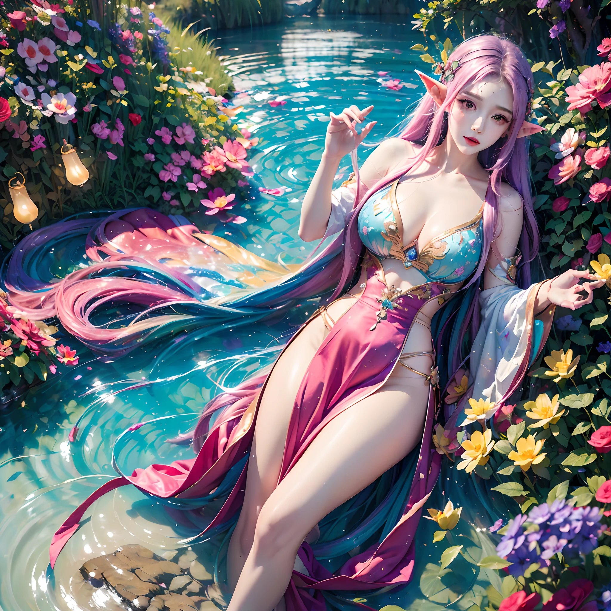(Masterpiece, Best quality, high resolution), Lotus background, ((paint splatter, colored splashing, Splash of Ink, colored splashing)), ((Sweet Chinese girl, Rainbow hair)),largeeyes,Wide eyes,(Eye focus),sface focus,Cosmic eyes,Space eyes,( Absurd, High quality, Ultra-detailed, Masterpiece, concept-art, smooth, high detail artwork, Hyper-realistic painting ) , elf, Plum elf, plum , Transparent fairy wings, huge tit,low chest,fairytale-like, Romantic, Vivid, Whole body, In nature with waterfalls,PureErosFace_V1,Urzang-6500-V1 Edition.1,
