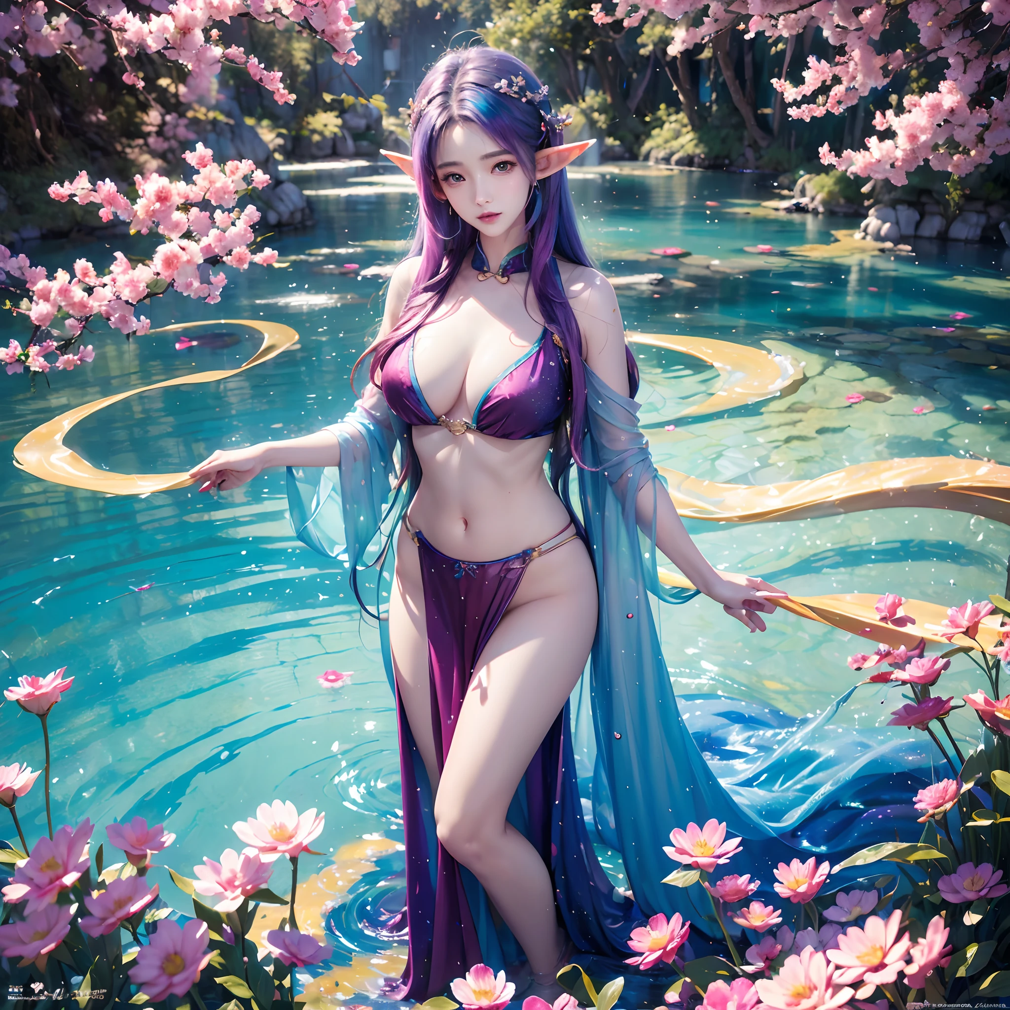 (Masterpiece, Best quality, high resolution), Lotus background, ((paint splatter, colored splashing, Splash of Ink, colored splashing)), ((Sweet Chinese girl, Rainbow hair)),largeeyes,Wide eyes,(Eye focus),sface focus,Cosmic eyes,Space eyes,( Absurd, High quality, Ultra-detailed, Masterpiece, concept-art, smooth, high detail artwork, Hyper-realistic painting ) , elf, Plum elf, plum , Transparent fairy wings, huge tit,low chest,fairytale-like, Romantic, Vivid, Whole body, In nature with waterfalls,PureErosFace_V1,Urzang-6500-V1 Edition.1,