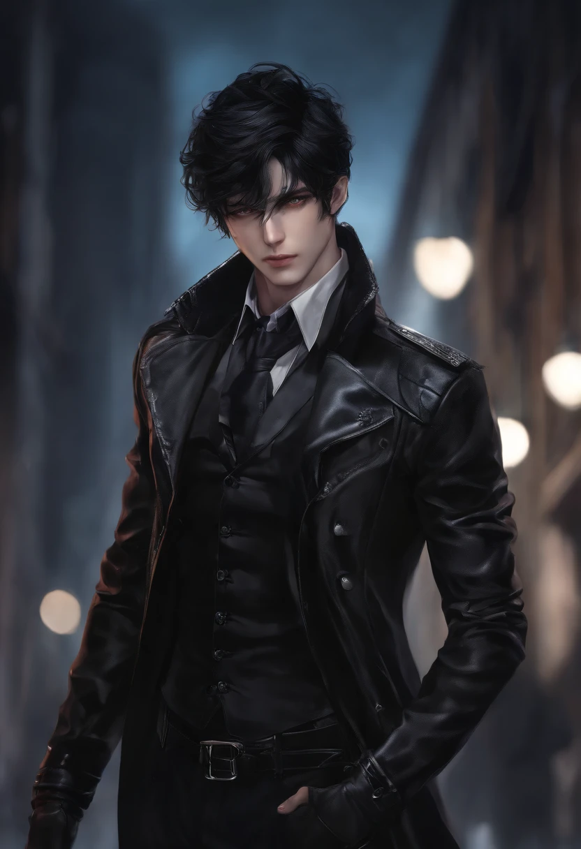 masterpiece, best quality, 1man, adult, male focus, solo, medium black hair, vibrant black eyes, looking at viewer, closed mouth, emo, Fantasy aesthetics, Highly detailed, shadowverse style, leather coat