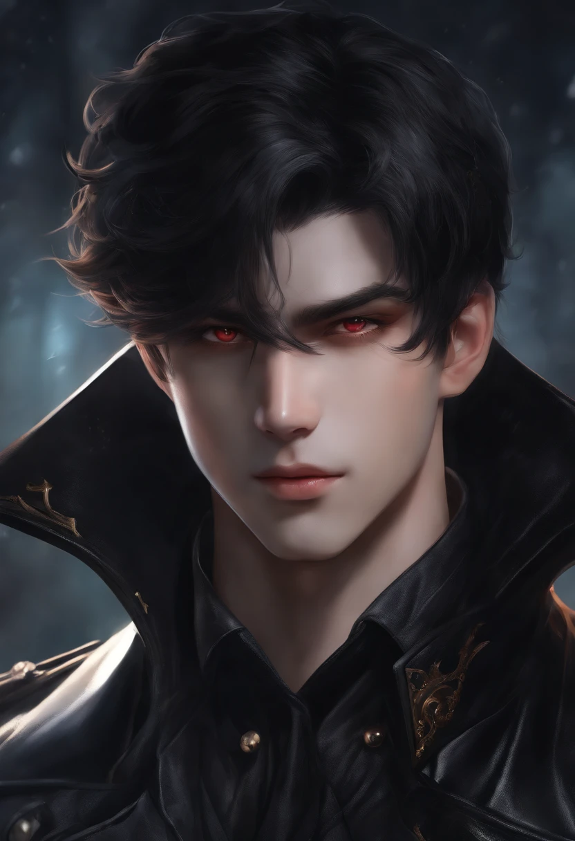 masterpiece, best quality, 1man, adult, male focus, solo, medium black hair, vibrant black eyes, looking at viewer, closed mouth, emo, Fantasy aesthetics, Highly detailed, shadowverse style, leather coat