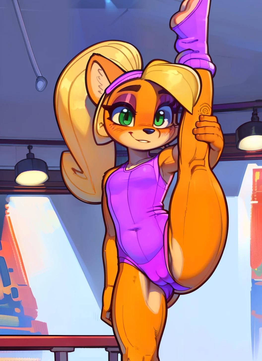 [Coco bandicoot], [Uploaded to e621.net; (Pixelsketcher), (wamudraws)], ((masterpiece)), ((solo portrait)), ((full body)), ((front view)), ((furry; anthro)), ((detailed fur)), ((detailed shading)), ((beautiful render art)), ((feet visible)), ((cel shading)), ((intricate details)), {anthro, orange fur, black nose, cute green eyes, pink eyeshadow, (cute smile), (blushing), blonde hair, ponytail, (beautiful legs), (beautiful feet), (defined leg muscles), (camel toe)}, {(pink leotard), (pink leg warmers)}, {(leg lift), (holding up leg), (doing splits)}, [background; (dance studio), (open room), (white walls), (ceiling lights)]