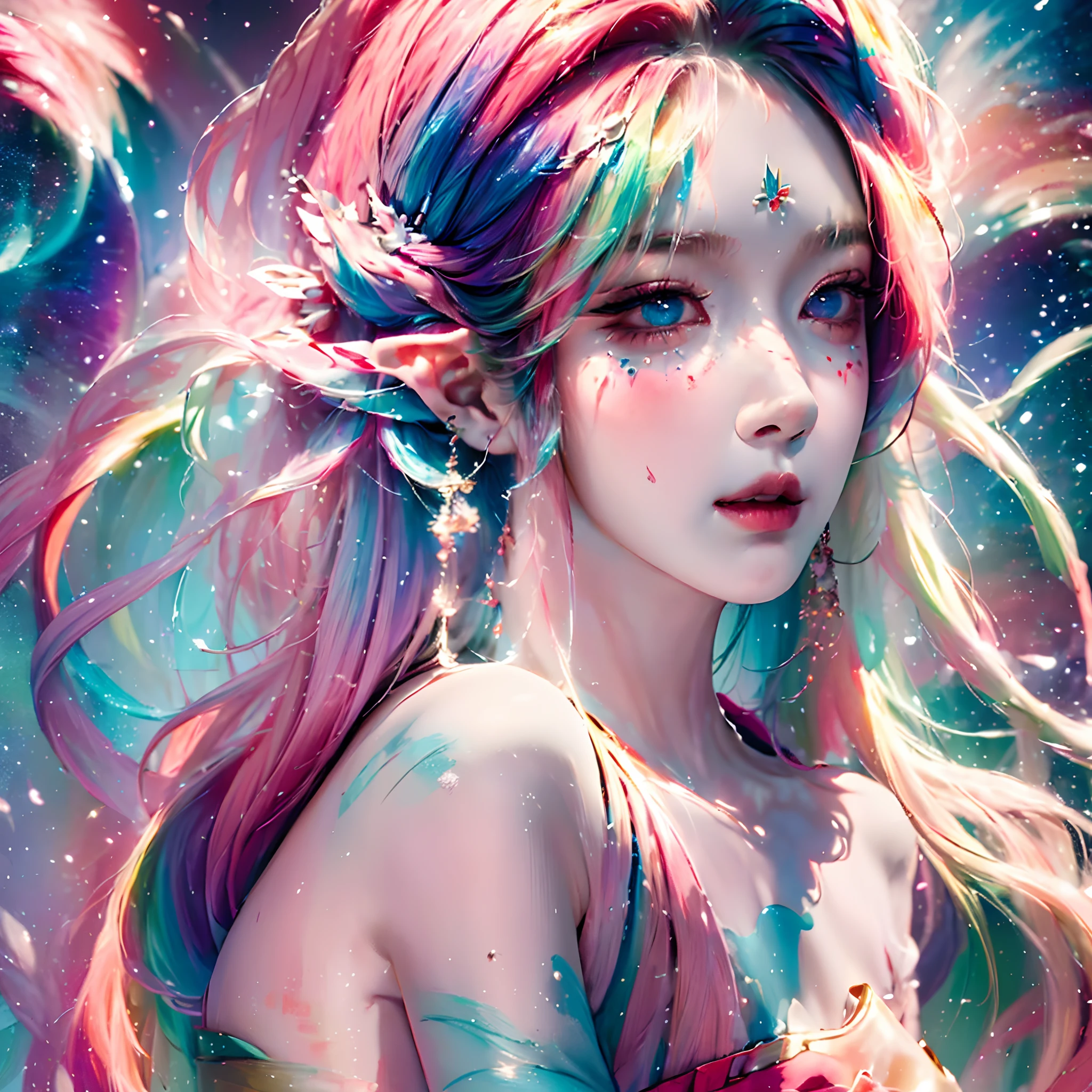 (Masterpiece, Best quality, high resolution), Lotus background, ((paint splatter, colored splashing, Splash of Ink, colored splashing)), ((Sweet Chinese girl, Rainbow hair)),largeeyes，Wide eyes，（Eye focus），sface focus，Cosmic eyes，Space eyes，( Absurd, High quality, Ultra-detailed, Masterpiece, concept-art, smooth, high detail artwork, Hyper-realistic painting ) , elf, Plum elf, plum , Transparent fairy wings, huge tit，low chest，fairytale-like, Romantic, Vivid, Whole body, In nature with waterfalls，PureErosFace_V1，Urzang-6500-V1 version.1，