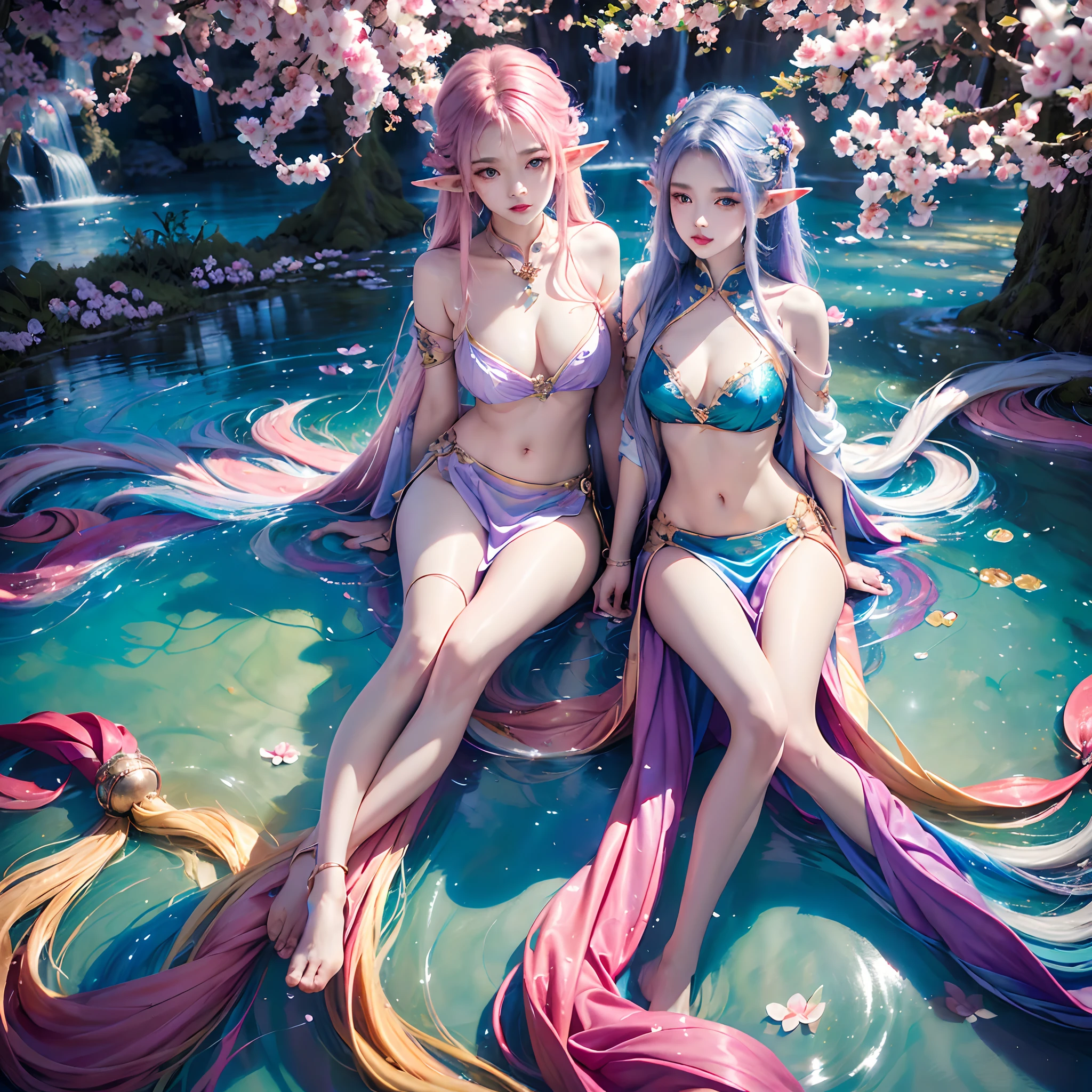 (Masterpiece, Best quality, high resolution), Lotus background, ((paint splatter, colored splashing, Splash of Ink, colored splashing)), ((Sweet Chinese girl, Rainbow hair)),largeeyes,Wide eyes,(Eye focus),sface focus,Cosmic eyes,Space eyes,( Absurd, High quality, Ultra-detailed, Masterpiece, concept-art, smooth, high detail artwork, Hyper-realistic painting ) , elf, Plum elf, plum , Transparent fairy wings, huge tit,low chest,fairytale-like, Romantic, Vivid, Whole body, In nature with waterfalls,PureErosFace_V1,Urzang-6500-V1 Edition.1,