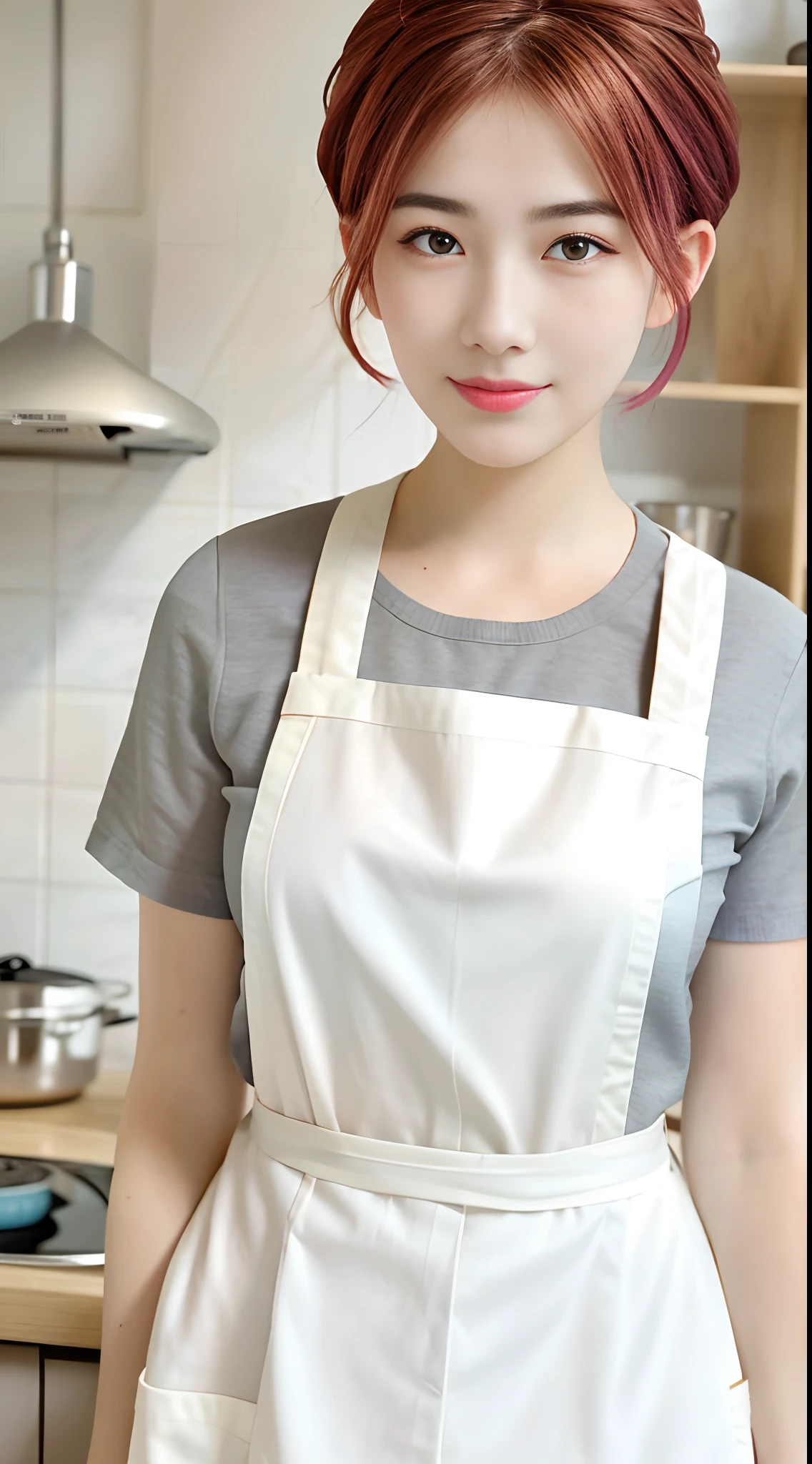 (Tabletop、Highest quality、8k、Award-winning works、Ultra-high resolution)、One beautiful woman、(Wearing the most natural and perfect apron:1.1)、(nakedエプロン:1.2)、Long Hair、(Look at me with your best smile:1.1)、(Show off your beautiful teeth and get the best smile possible:1.1)、perfect beautiful teeth、Accentuate your body lines、(Bust up photo:1.1)、(Above the waist photo:1.2)、Big Breasts、(The most natural and practical kitchen:1.1)、(Perfectly organized and clean kitchen:1.1)、(Modern and elegant kitchen:1.1)、(Perfect kitchen with state-of-the-art induction cooktop:1.1)、(Beautiful and unified modern kitchen:1.1)、(very bright:1.2)、(very bright and vivid:1.2)、bright、very bright、that&#39;that&#39;Very vivid、The most vivid、High chroma、Glowing Beautiful Skin、Fresh and beautiful, perfect windows、Ultra-high resolutionのperfect beautiful teeth、(Ultra HD glossy skin:1.1)、(very brightly lit、bright and glowing skin:1.2)、Ultra-high definition sparkling eyes、(Accurate anatomy:1.1)、(The most graceful and perfect posture:1.1)、Big Breasts、naked