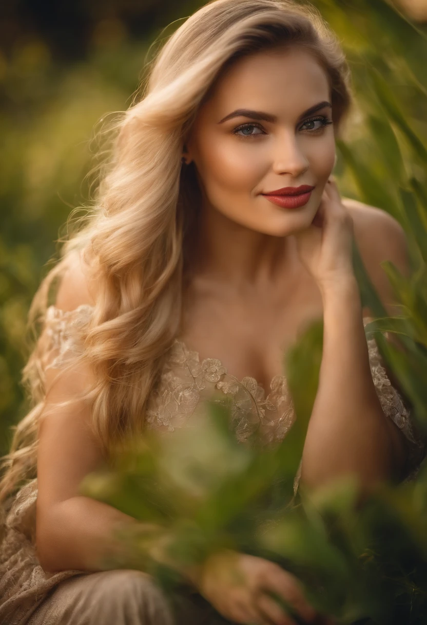 Uma mulher jovem e bonita, blonde hair that falls gently in waves up to the shoulders, altura mediana, olhos grandes e verdes, pele clara, she's in her pyjamas, ela esta em sua cama, fazendo cuidados com a pela antes de dormir, The environment is illuminated with lights of warm and pleasant colors making your hair shine, seu semblante esta naturalmente sereno, lips with red lipstick, Textura 8K, altamente detalhados, realista, soft Cinematic Light, HDR, sharp fokus, obra-prima, fotorrealista, fotografia premiada, Canon EOS R5, 35 mm