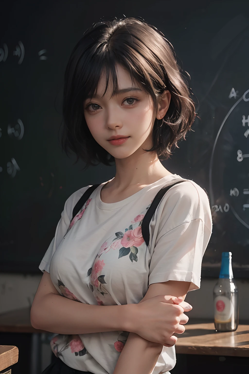 (Black Shorthair:1.5), (a 20 yo woman), (T-shirt design), (Floral clothing), (Breast bulge),((Being in a physics classroom)), (A hyper-realistic), (Relaxed), (Increased resolution), (8KUHD), (Extremely detailed), (Best Illustration), (Beautiful and detailed eyes), (Best Quality), (ultra-detailliert), (masutepiece ), ( Wallpaper), (Detailed face), Fine details, Deep Shadows, lowkey, Smiling, (There is a photo of Einstein), (There are a lot of photos of physicists), (Solving the chalkboard formula), Standing in front of the blackboard
