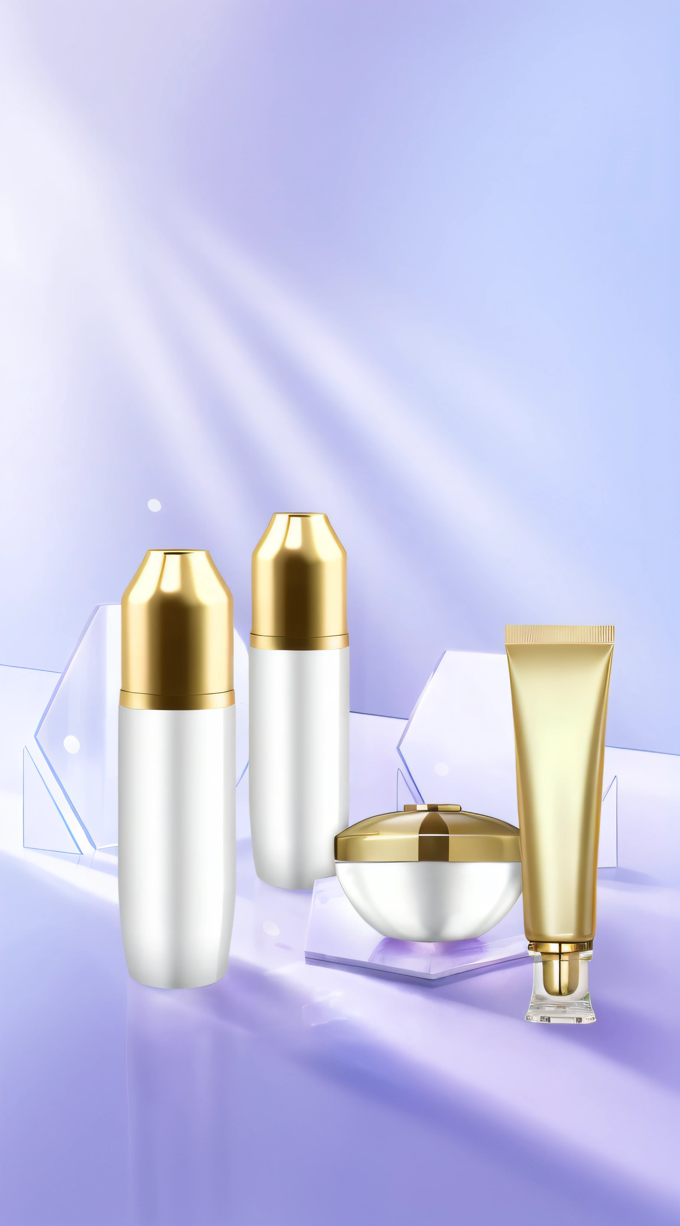 There are three different types of cosmetics on a purple background, Skincare, SleekDesign, Showcase, skin care, gold, collection product, glistning skin, crisp smooth clean lines, cosmetics, Silver, exclusive, 3 d white shiny thick, high quality topical render, 3d product, crisp smooth lines, dramatic product lighting, perfume, on simple background, Glossy design