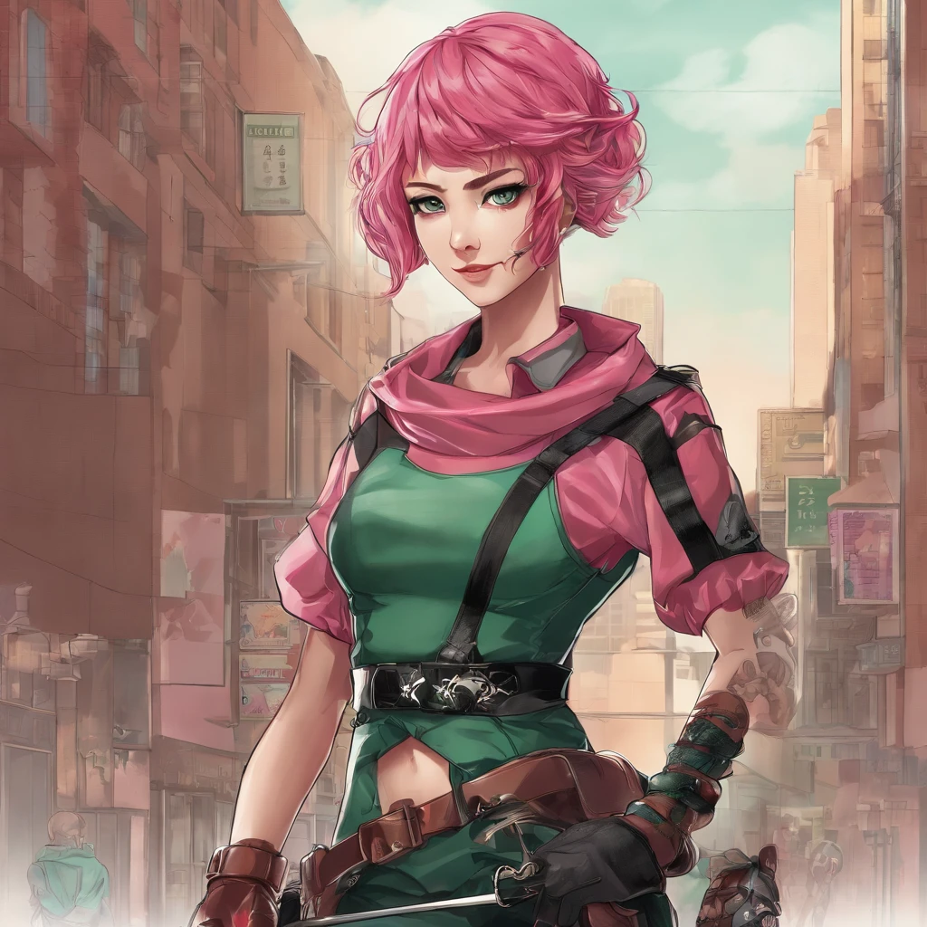 Akari is a young girl with medium short, wild pink hair and emerald green eyes. She is of average height and build, but she is very athletic and strong. Akari's usual outfit consists of a black polar neck, red plaid kilt, and black Dr Martin boots. Akari is a skilled martial artist and and carries a katana on her back. Create her on a white background