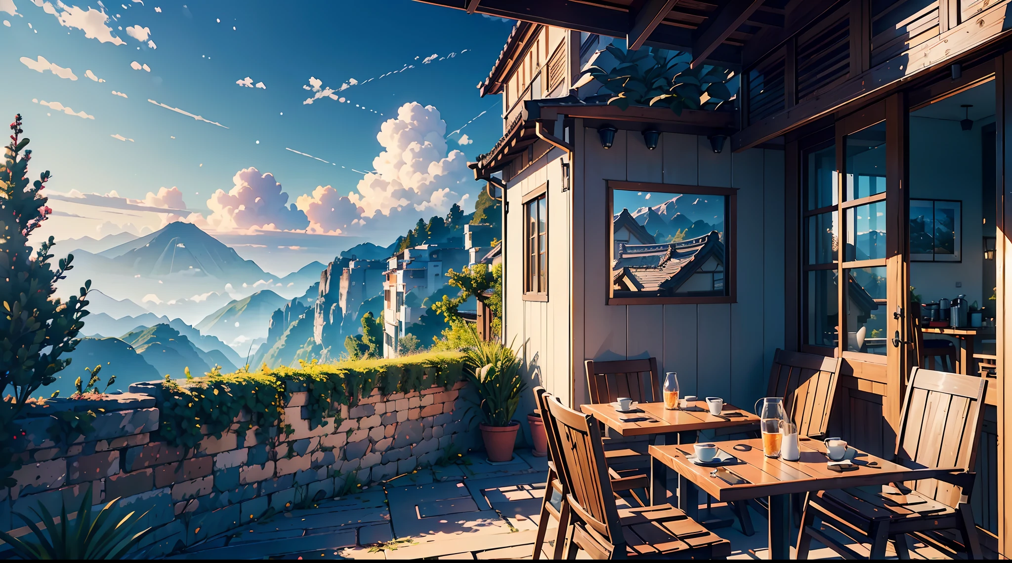 ((masterpiece)), ((top-quality)), (hight resolution:1.5), (ultra-detailliert:1.5),(extremely detailed CG unified 8k wallpaper), Quiet morning,(Unkai Terrace),f/4.0,135mm,captured on canon eos r 6,(Open terrace at the top of the mountain):1.5, detailed scenery —width 672, Cinematic morning light, Realistic morning lighting, cozy cafe background, Photorealsitic, Panoramic Photography