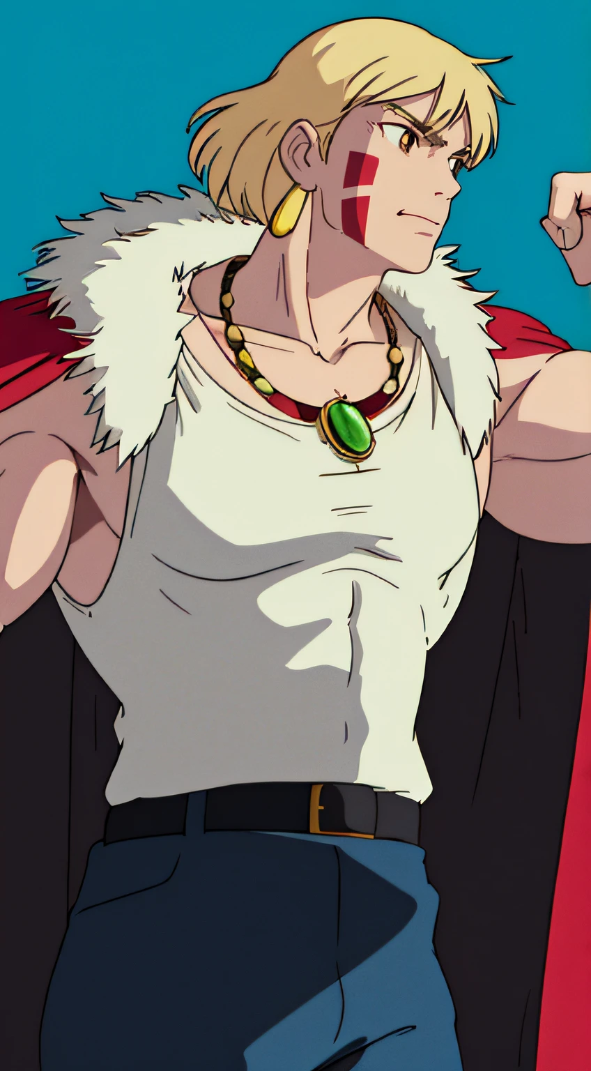 Ghibli style, Arnold Schwarzenegger \(Arnold Schwarzenegger\) as san \(mononoke hime\), 1oldguy, American, (cheerful:1,5), Muscled, adult man, armlet, bangs, Blond hair, black undershirt, breasts, fur cape, royal cape, facepaint, floating hair, forest, necklace, outdoors, parted bangs, shirt, short hair, sleeveless shirt, tooth necklace, finger pointing to the viewer, looking at viewer, falling in from the sky, green background sky weird small birds in studio ghibi style, muscular physique, confident expression, iconic jawline, strong jawline, intense gaze, cinematic composition, ((masterpiece))