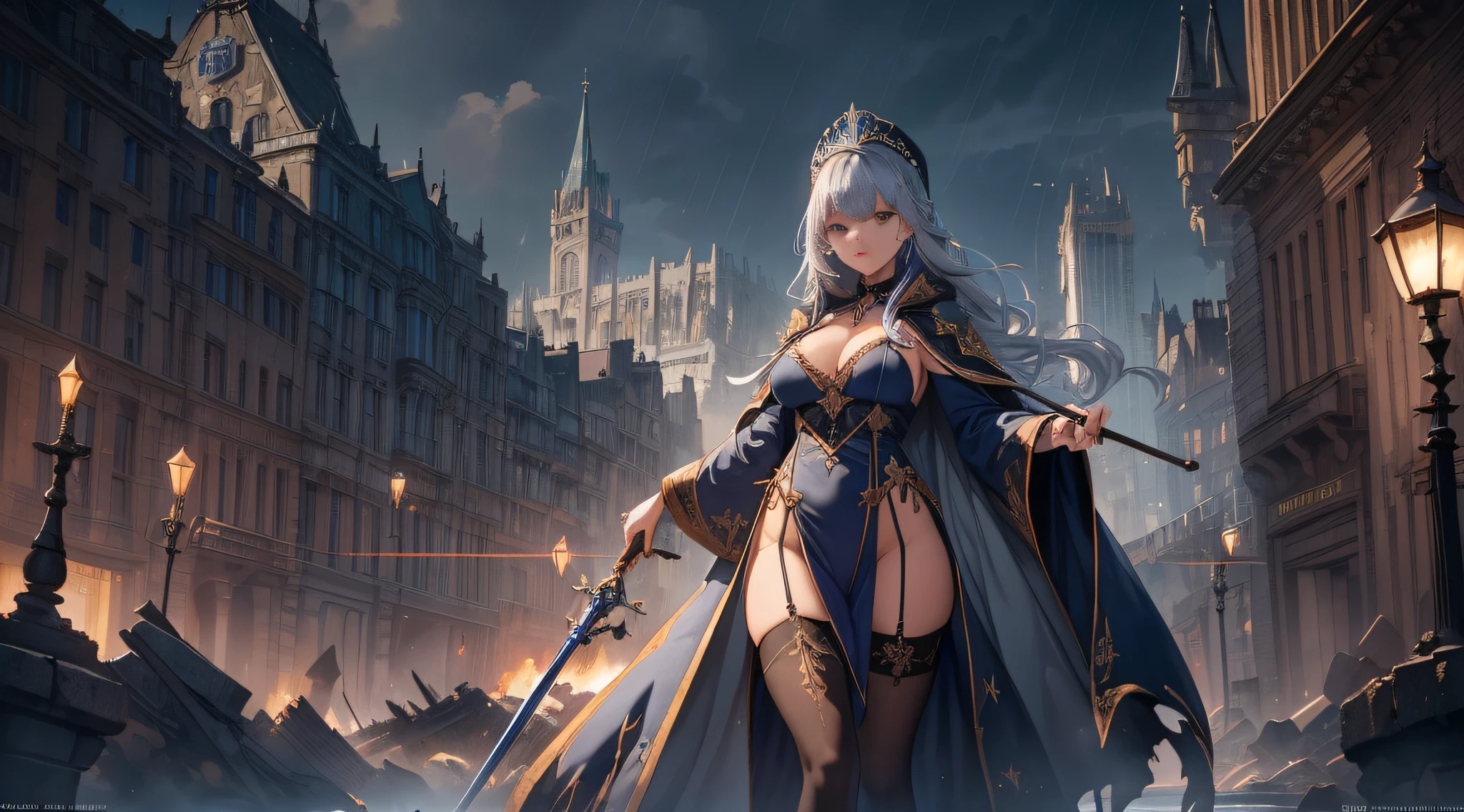 masterpiece, ultra detailed, 8k portrait, RAW photo, highly detailed, Ambient lighting, Shadow details, medieval fantasy, world of swords and magic, strong breeze, Light fog, Destroyed Stone buildings, well-ordered cobblestone walkways, central plaza, Destroyed temples, Destroyed stalls, Destroyed flower beds, and the royal castle at the end of the main street, (((((Destroyed cityscape))))), (((guillotine inthe central plaza))), ((Visibility is poor due to drizzling rain)), (((((public execution))))), beautiful and meticulous eyes, ((Fantasy)), Young beautiful, 22 years old, dynamic pose, (((expressionless))), (((blue gray colored hair))), ((one side braided with orange hair ribbon))), blunt bangs, White skin color, ((silver tiara)), Luxury, (((silver Silk Long Cloak))), (((Gorgeous Deep blue long robe))), (((dark thigh high tights))), high cut leather boots, ((lift up long magical staff)), Midday Sun, hyper realistic, Body model, Small breasts, Beautiful breasts, Long legs,
