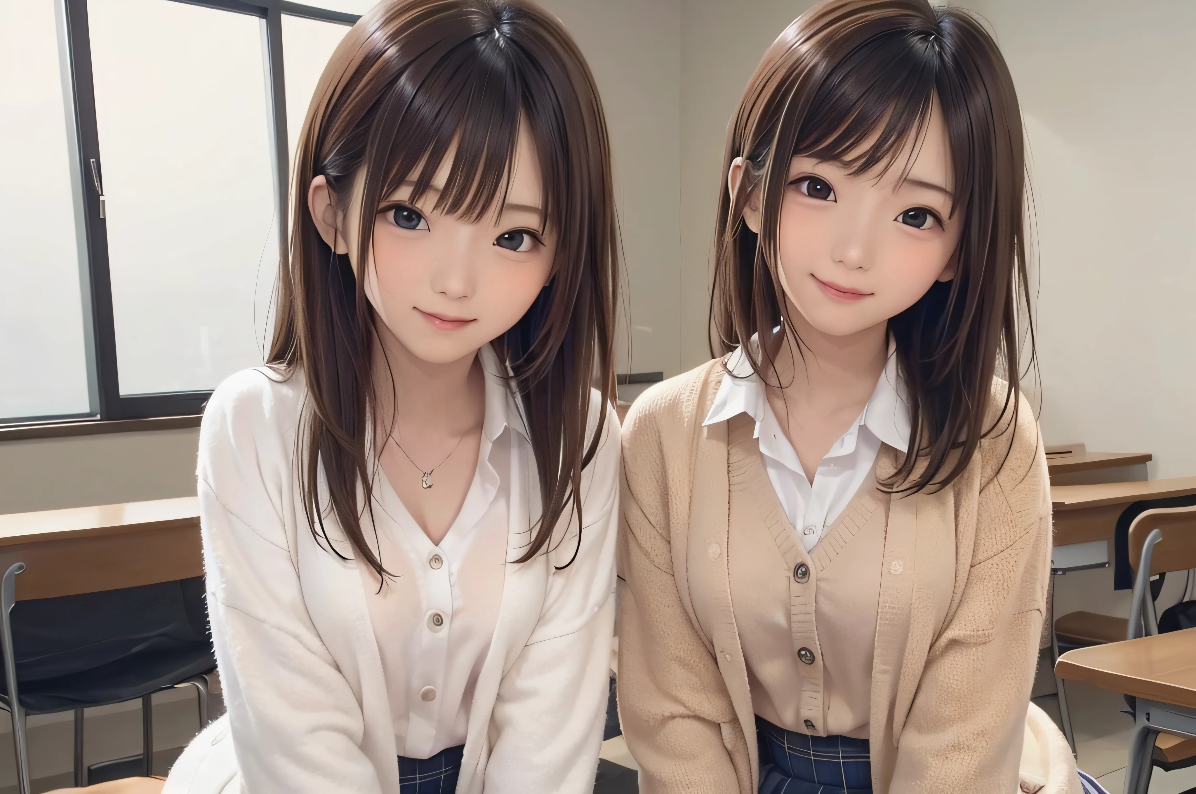 Completely immaculate background、White back、、soio、brown haired、beautidful eyes、real looking skin、hi-school girl、small tits、tiny chest、(8K、​masterpiece)、(reallistic、Photorealsitic)、top-quality、ighly detailed、The ultra-detailliert、Beautie、cute little、japanes、a smile、Close-up portrait、Healthy face、School uniform、Cardigan、plaid skirts