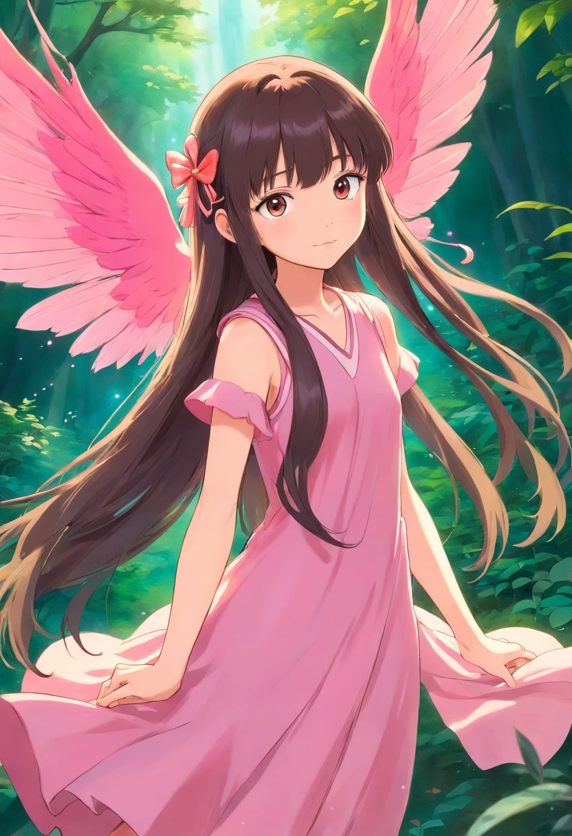 Asian fairy with long, straight hair with bangs, pink wings and pink dress