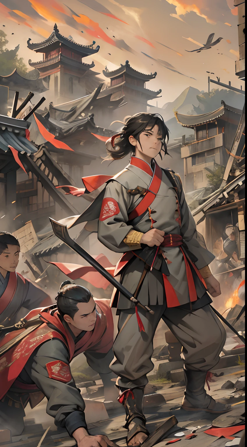 Yuan Jie and others realized that the situation was unfavorable, It is proposed to end the fighting,Retreat in the face of a powerful enemy, Their expressions were solemn, There was helplessness and disappointment in his eyes, A battlefield ravaged by war,The background is broken buildings and debris, , 32K, Best quality, Masterpiece, Super detail, High details