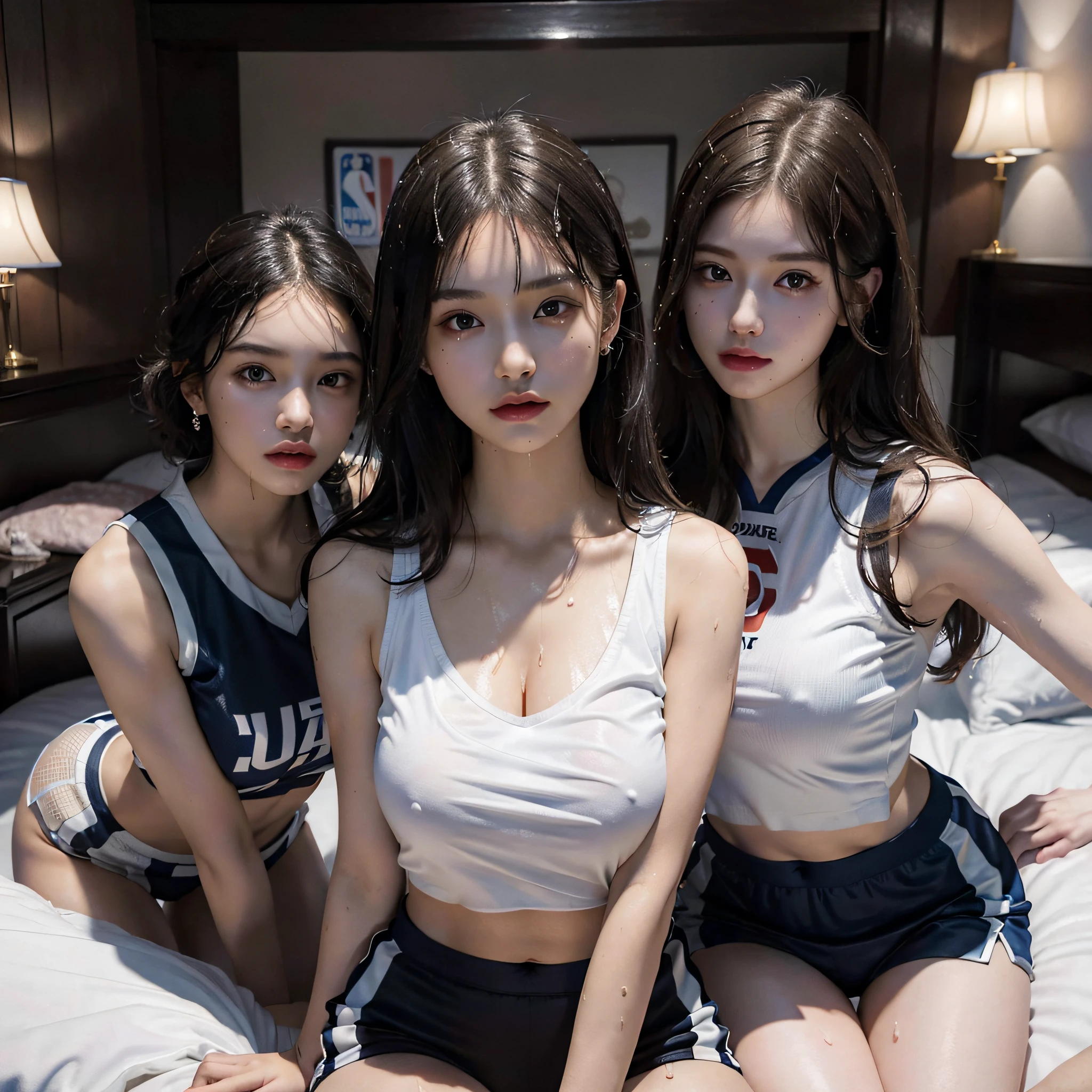 absurdres, RAW photo, extremely delicate and beautiful, masterpiece, Best Quality, ultra high resolution, 16k, hyperrealistic, ultra-detailed, Very detailed CG 8k wallpaper, Beautiful Lighting, Perfect Lightning, Realistic Shadows, perfect anatomy, super Detailed skin, perfect figure, late 20s, very Slim body, narrow waist, very small head, handsome detailed woman, very detailed eyes and face, realistic face proportions, Stunning detailed eyes, Realistic beautiful face, very small face, Realistic small beautiful eyes, double eyelids, tearful mole, mole on chest, earring, beautiful and very thin legs, beautiful and very thin thighs, (((very huge round breasts))), (((full body shot))), (short hair), (wavy hair), (((Basketball sportswear))), (((midriff peek))), (((sleeveless))), (((((3 girls))))), (bare arms), (bare legs), (at bed), (((wet))),