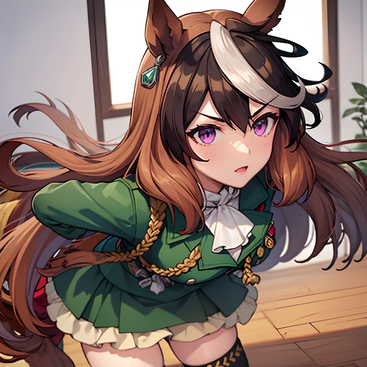 「​masterpiece,top-quality,a closeup,Face Shots,(symboli rudolf) _(Umamusume), 1girl in,Animal ears ,Horse ears , Horse Girl ,Horse tail,masutepiece, Best Quality,Brown hair, Long hair, Purple eyes, green coat,Green Military Jacket, Green skirt, {{Black Bang Color}},epaulette, red cape,Decoration code, knee sox,18year old」