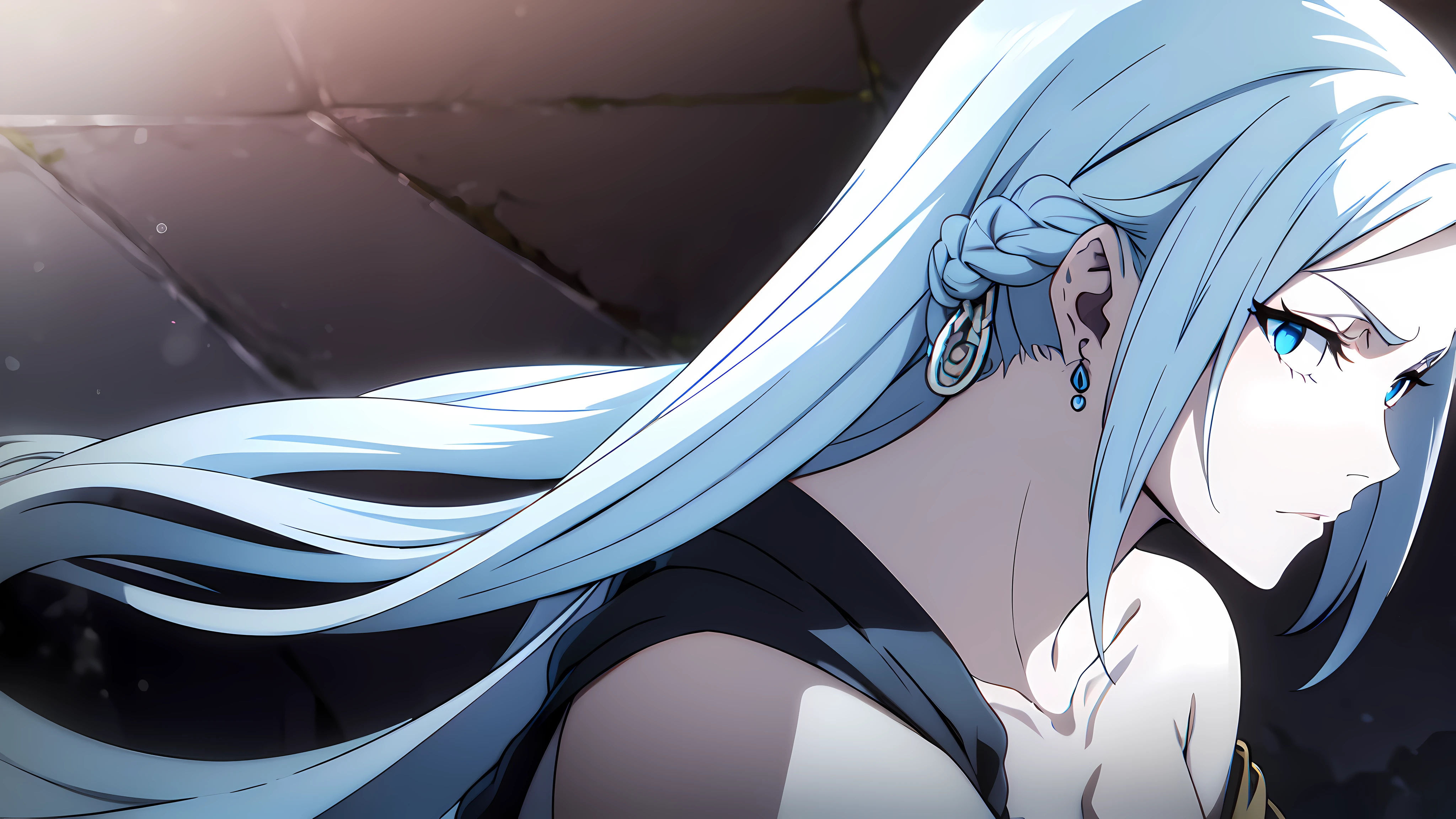 masterpiece, best quality, 1girl, solo, very long hair, white hair braiding, light blue eyes, calm, earrings, close up, off shoulder black dress shinigami, battlefield, katana, bankai