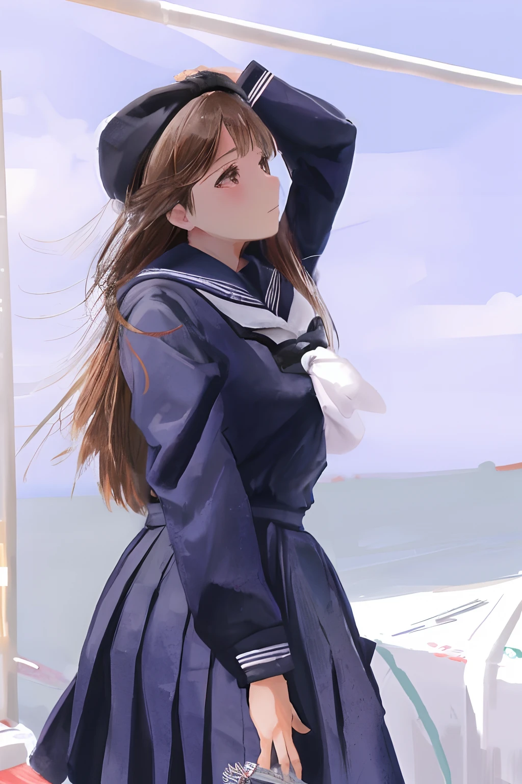 a close up of a woman in a sailor's outfit on a boat, brown hair, long hair, loose coat collar sailor uniform, sailor uniform, jk uniform, wearing dark maritime clothing, japanese girl school uniform, japanese school uniform, wearing japanese school uniform, sailor clothing, girl wearing uniform, anime girl cosplay, female sailor uniforms, kantai collection style, seifuku, anime girl in real life